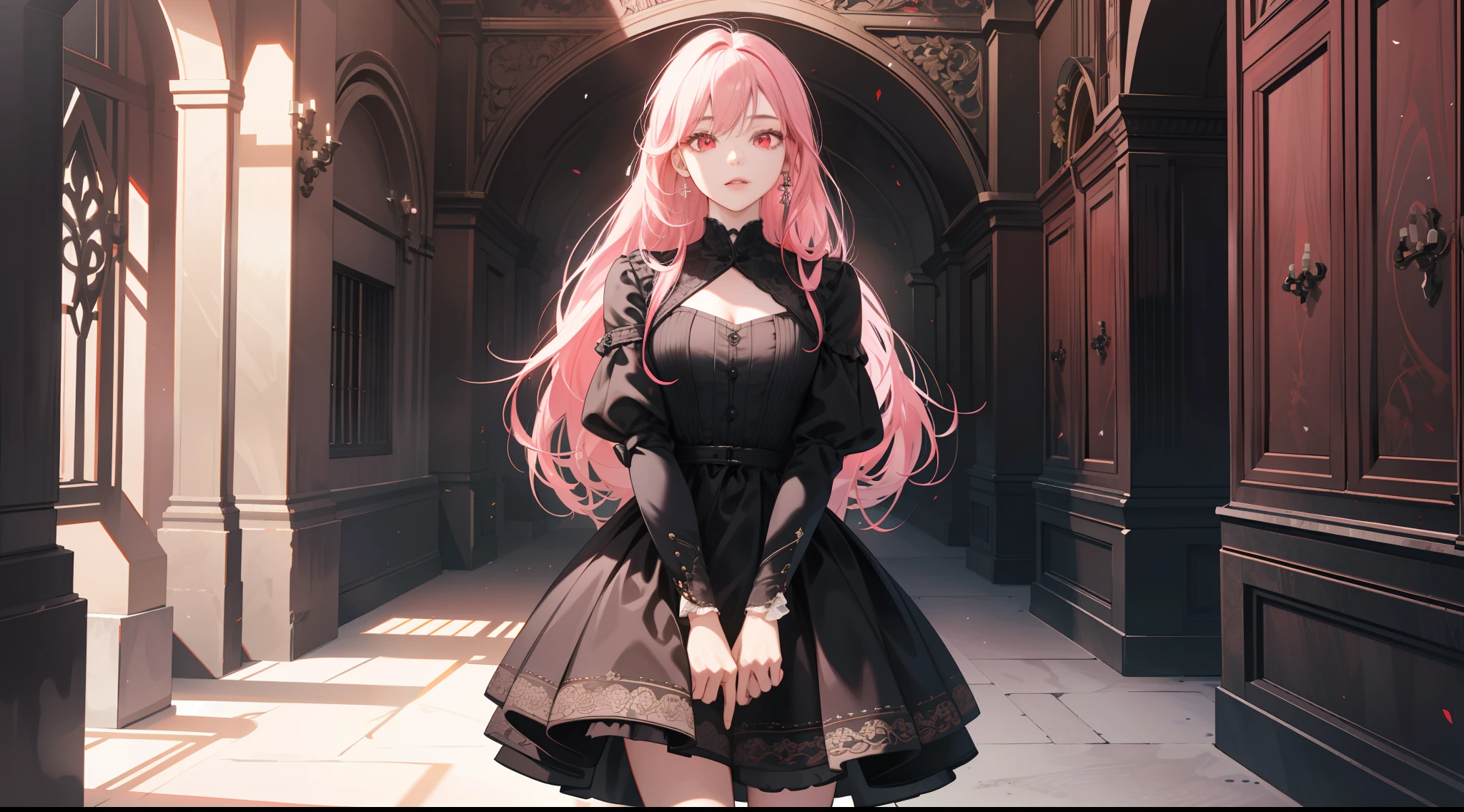 (absurderes,A high resolution,ultra - detailed),at centre,orthofacial,frontage,1girll,a matural female,Pink long hair,bluntbangs,Red eyes,Black dress,Stand in front of a white clean wall,Fine eyes and detailed face,Extremely detailed Cg Unity 8K wallpaper,