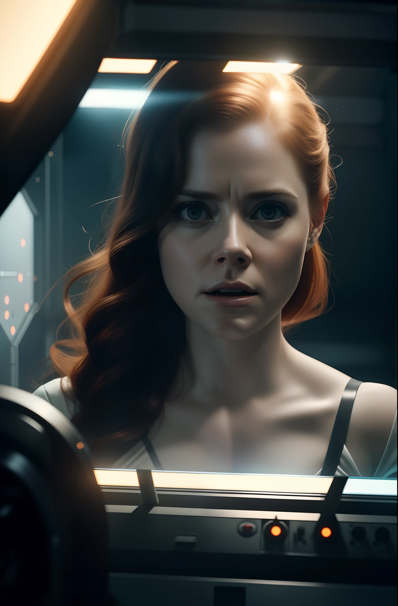 Hot terrified Amy Adams as a Scientist on Ishimura Horror Space Ship photography, natural light, photorealism, cinematic rendering, ray tracing, the highest quality, the highest detail, Cinematic, Third-Person View, Blur Effect, Long Exposure, 8K, Ultra-HD, Natural Lighting, Moody Lighting, Cinematic Lighting