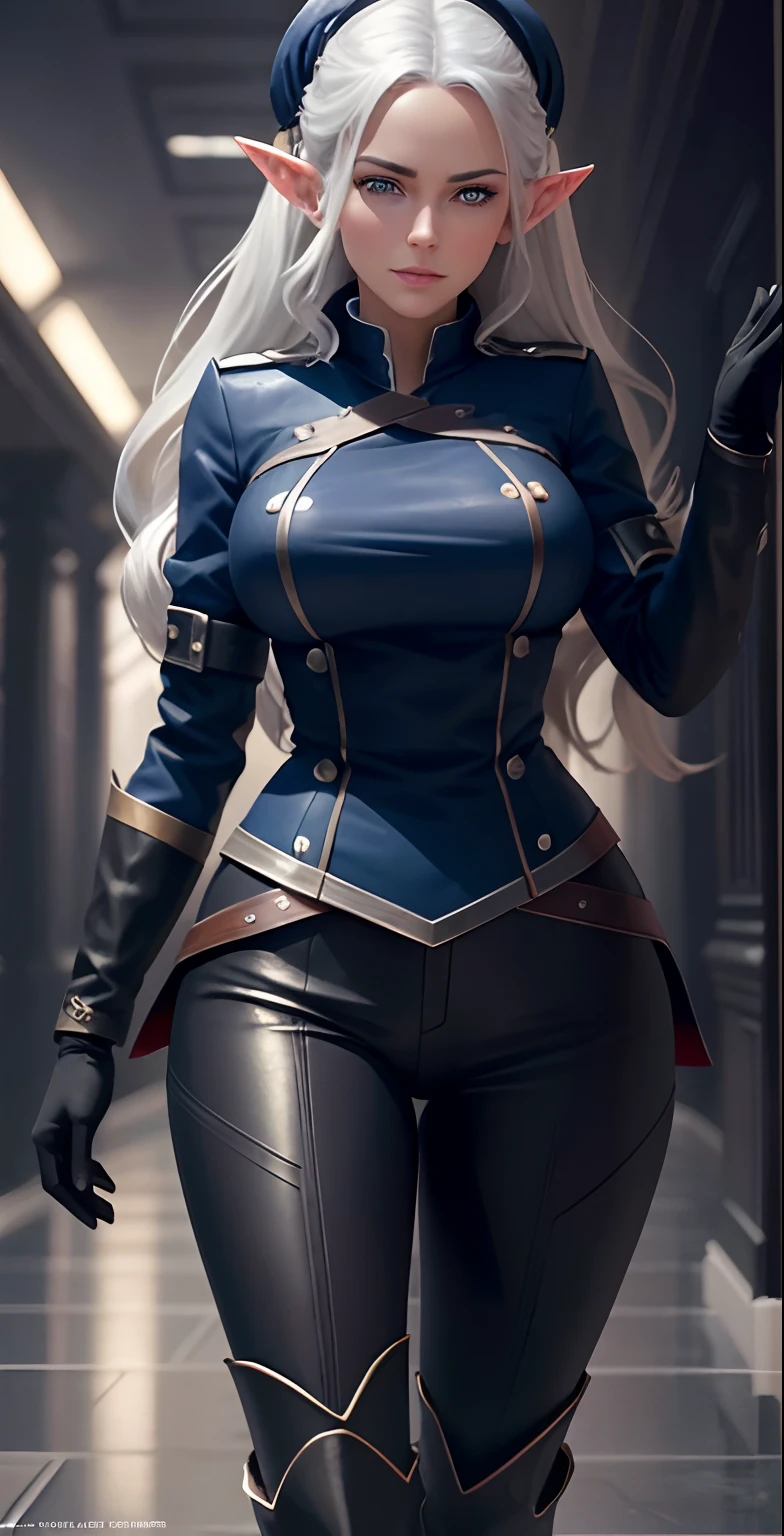 full body portrait of beautiful 1girl, solo, elf ((milf)), (very long) silver hair, tied in a knot, dark blue uniform, black knee-high simple riding leather boots, leggings, Anime style photo, Manga style, Digital art, glow effects, Hand drawn, render, 8k, octane render, cinema 4d, blender, dark, atmospheric 4k ultra detailed, cinematic sensual, Sharp focus, hyperrealistic, big depth of field, Masterpiece, colors, 3d octane render, 4k, concept art, trending on artstation, hyperrealistic, Vivid colors, ((((looking right)))), huge breasts, palace corridor, black gloves, double-breasted, (looking at viewer), (seductive:0.6),(smile:0.3)(evil:0.7), (smirk:0.9)(from below:0.4)