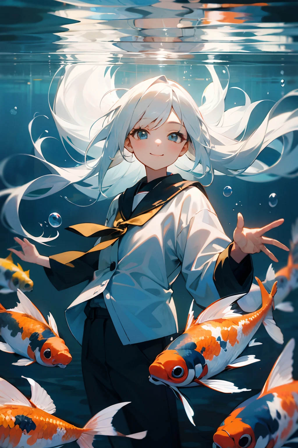 1 girl,long white hair,Floating hair,Light smile,adolable,looking to the camera,under the water,submerge,airbubble,Koi are around,8K,high qulity,tmasterpiece