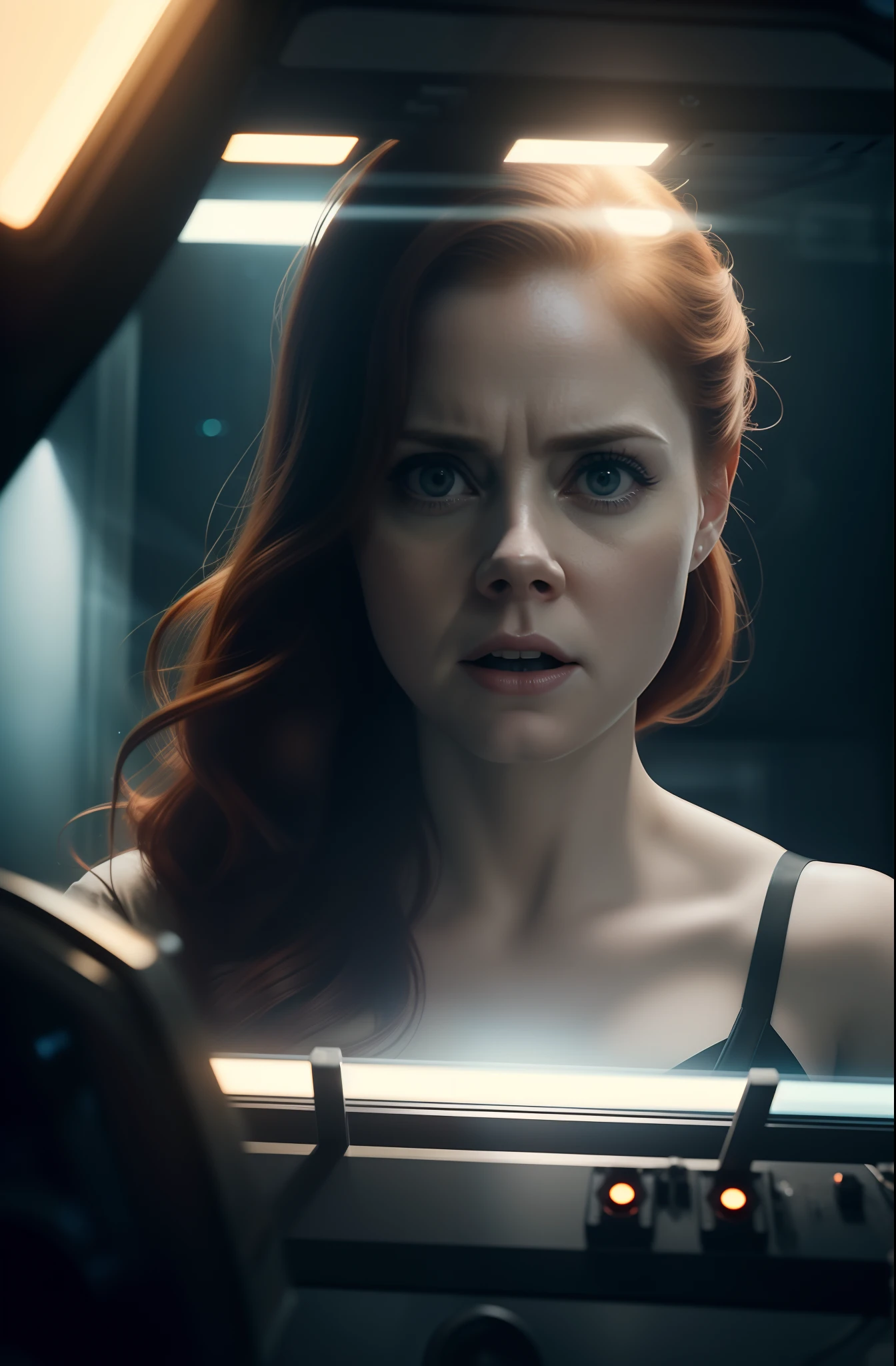 Hot terrified Amy Adams as a Scientist on Ishimura Horror Space Ship photography, natural light, photorealism, cinematic rendering, ray tracing, the highest quality, the highest detail, Cinematic, Third-Person View, Blur Effect, Long Exposure, 8K, Ultra-HD, Natural Lighting, Moody Lighting, Cinematic Lighting