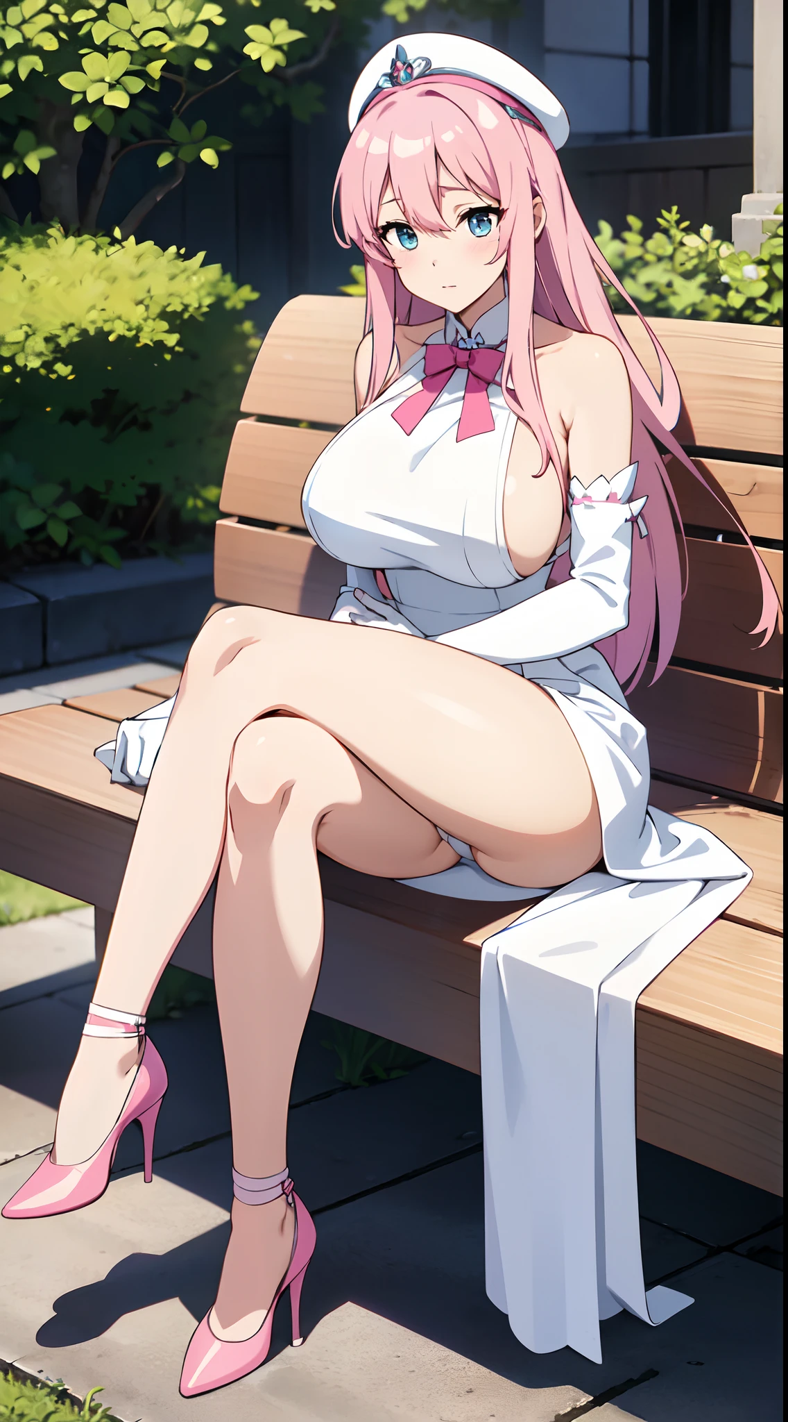Pink hair，long whitr hair，Cute girl，She wore a long white dress，white stockings，high-heels，whitegloves，Delicate facial features，perfect bodies，huge tit，legs crossed，The reveal panties，Sit on a bench，is shy，Be red in the face