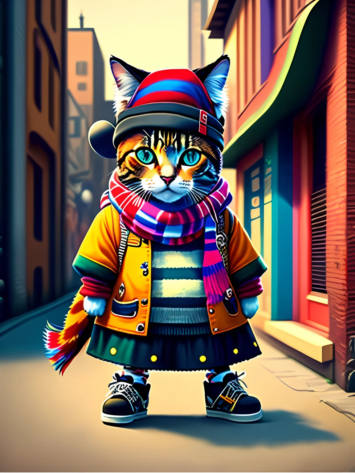 a painting of a cat wearing a hat and scarf, with a trendy skateboard at the art station, vestido com roupas punk, detailed hyper-realistic rendering, British gang member, estilo de rua, pose intimidadora, planeta dos gatos, roupas da moda, samurai urbano, miau , West Slavic features, 8 1 5