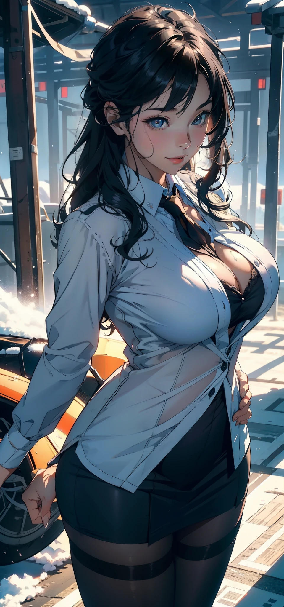 1female，25 age old，Large breasts，Pornographic exposure， 独奏，（Background with：aerodrome，coniferous forest，at winter season，Snow on the ground） with his long black hair， standing on your feet，Sweat profusely，drenched all over the body，seen from the front， curlies， mostly cloudy sky，（（（tmasterpiece），（Very detailed CG unity 8K wallpaper），best qualtiy，cinmatic lighting，detailed back ground，beatiful detailed eyes，Bright pupils，（Very fine and beautiful），（Beautiful and detailed eye description），ultra - detailed，tmasterpiece，）），facing at camera，A high resolution，ultra - detailed），stewardess，Sexy flight attendant uniform，revealing breasts，Bare genitalia， Bulge，Camel toes，Raised sexy，Flushed complexion，Open-mouthed，Smile，frontage