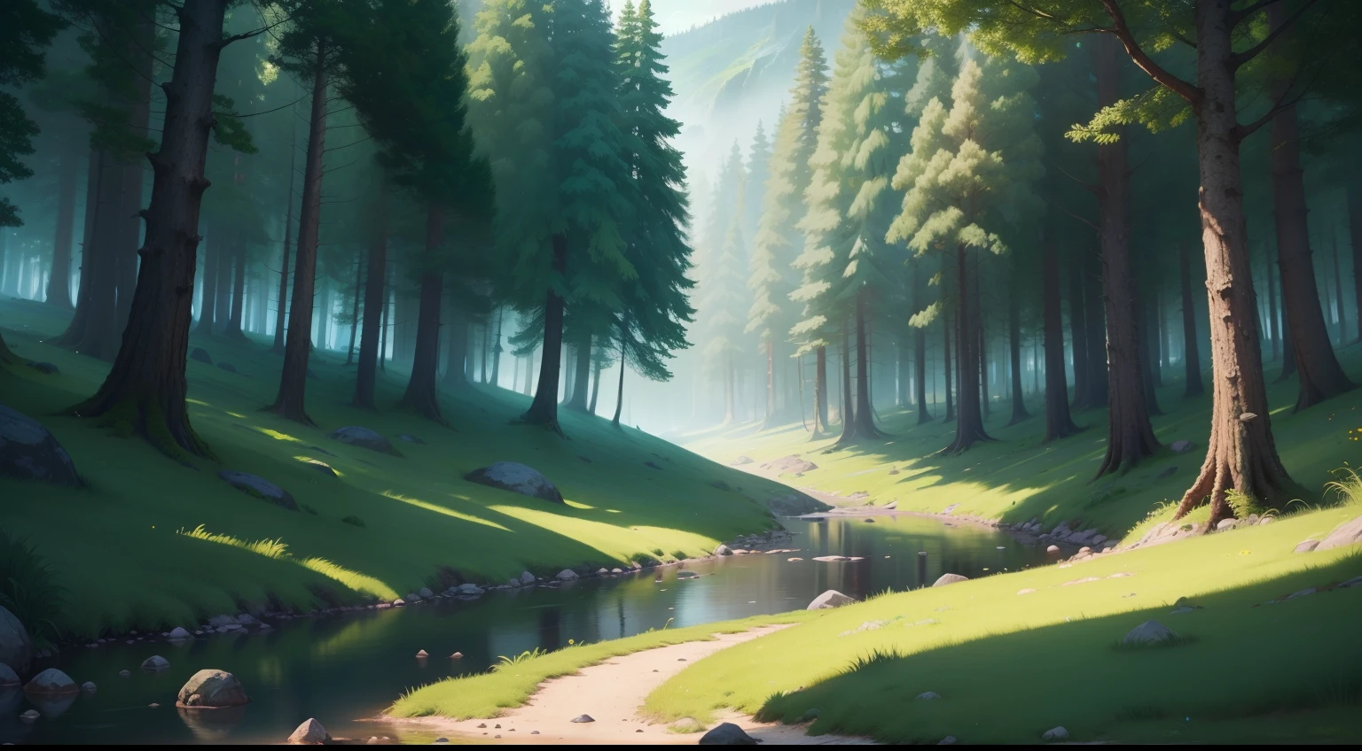 mini sence,adolable,sci-fy,cartoony,plethora of colors,Illusion,Green sky,sprawling,path,Small rivers,Primeval forest background