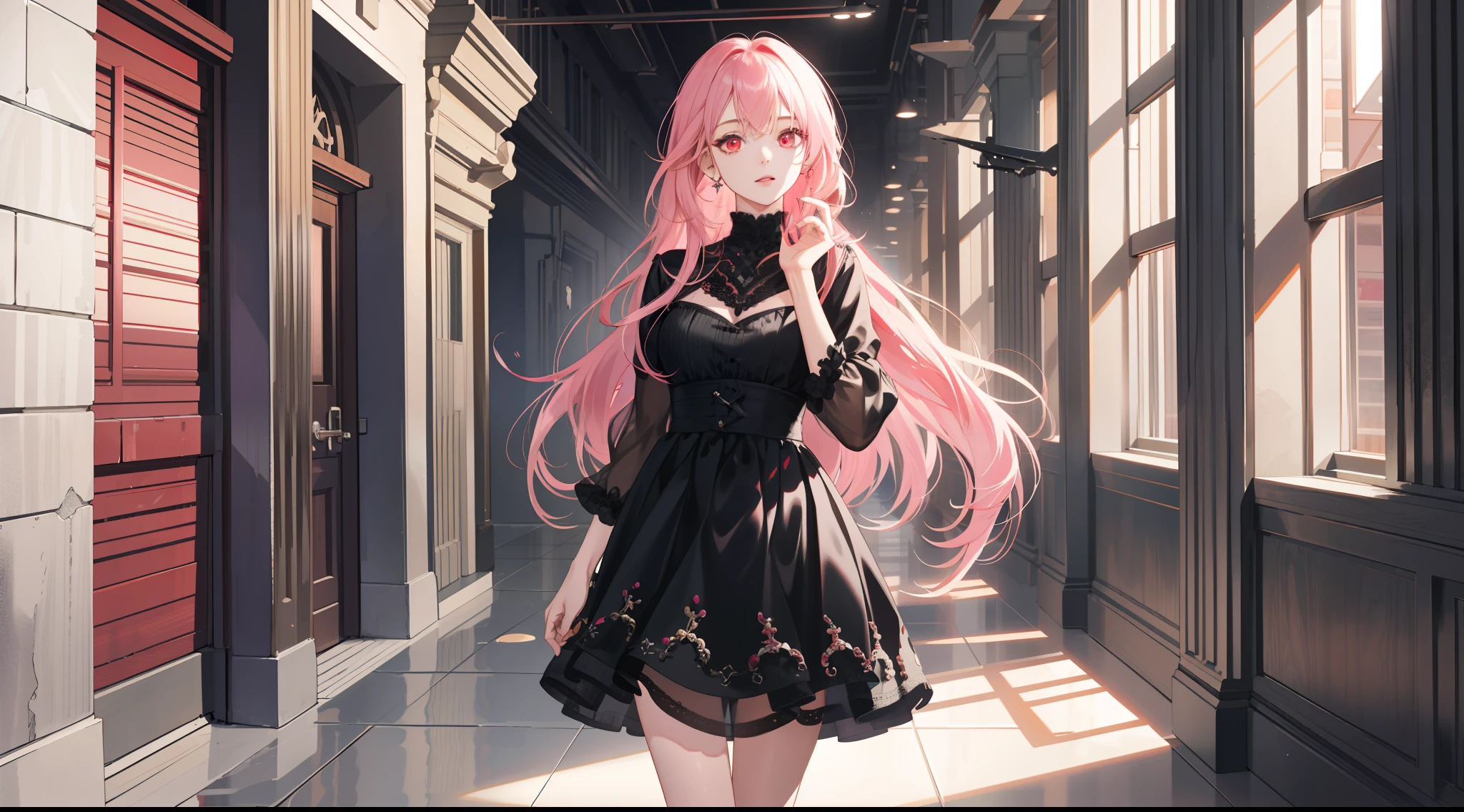 (absurderes,A high resolution,ultra - detailed),at centre,orthofacial,frontage,1girll,a matural female,Pink long hair,bluntbangs,Red eyes,Black dress,Stand in front of a white clean wall,Fine eyes and detailed face,Extremely detailed Cg Unity 8K wallpaper,