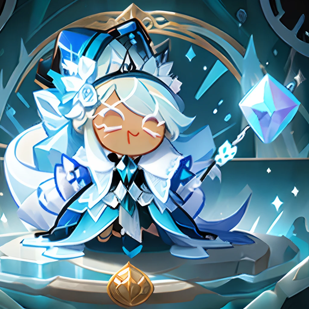 Windwitch Diamond Bell as a Cookie run Character , long Light blue Hair , Braided ponytail, ornate ballgown , Witch hat , ice aesthetic,(masterpiece), High aesthetic,(( high quality))