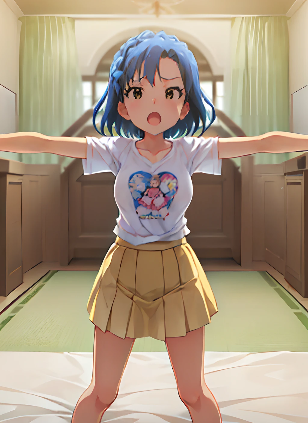 yuriko nanao (million live). Short stature. (((white t-shirts))).(((Skirt))).(((masterpiece))).(((best quality))).((Ultra-detailed))).(((illustratio))). (((Spread your arms))).(((a room))).(((make a fist))).(((up chest))).Despair face.(((short-hair))).((big breasts)).((Opening Mouth)).