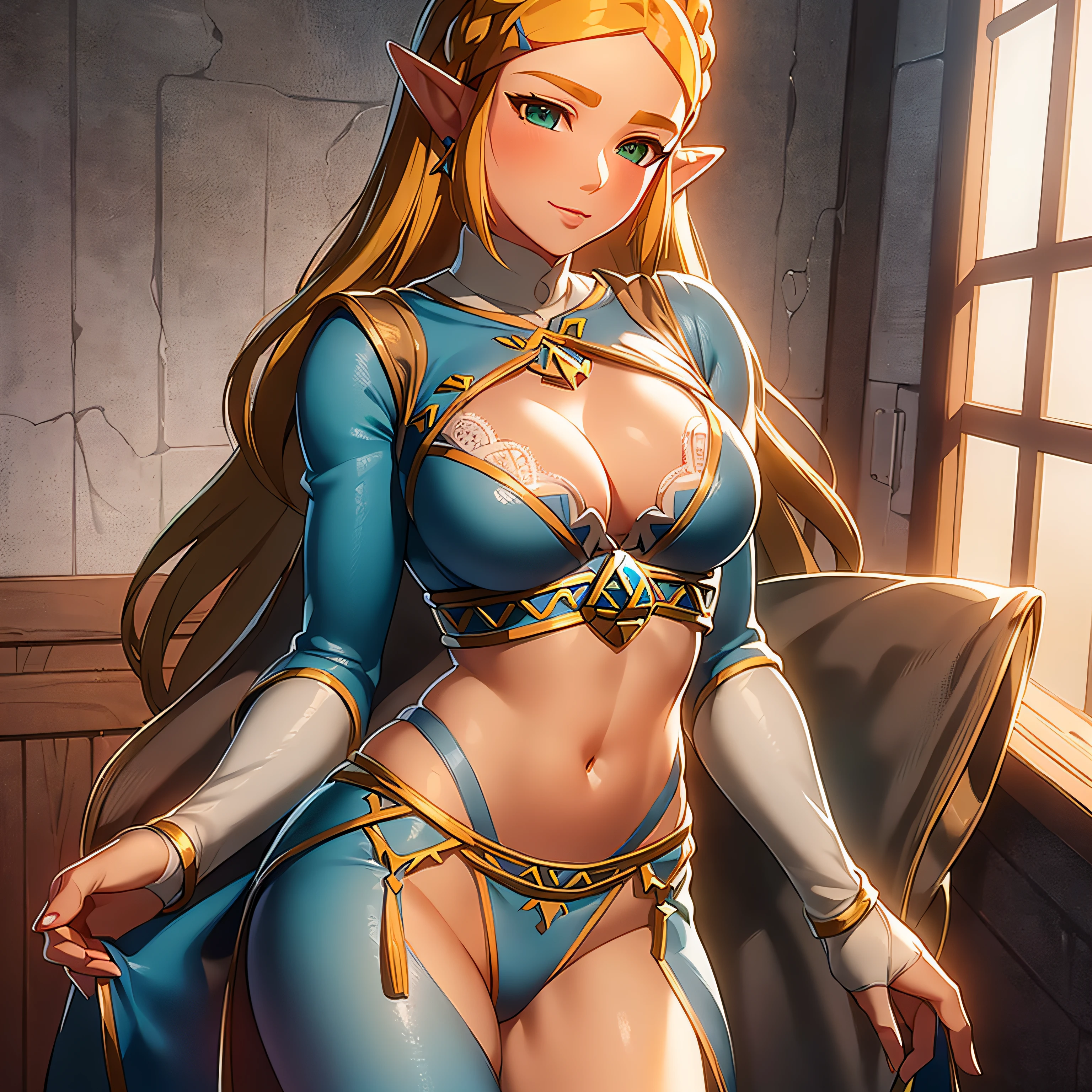 ((masterpiece)),(illustration),(((best quality)),iridescent, high resolution illustration,Amazing,highres,intricate detail, extremely detailed CG unity 8k wallpaper ((zelda)), large breasts, full body, (delicate cute face), blond long hair, lovestruck,(green eyes), smile, joyful, facing viewer, , narrow waist, young girl, cleavage, 15 year oltty, seductive, lace lingerie, tight body, nsfw