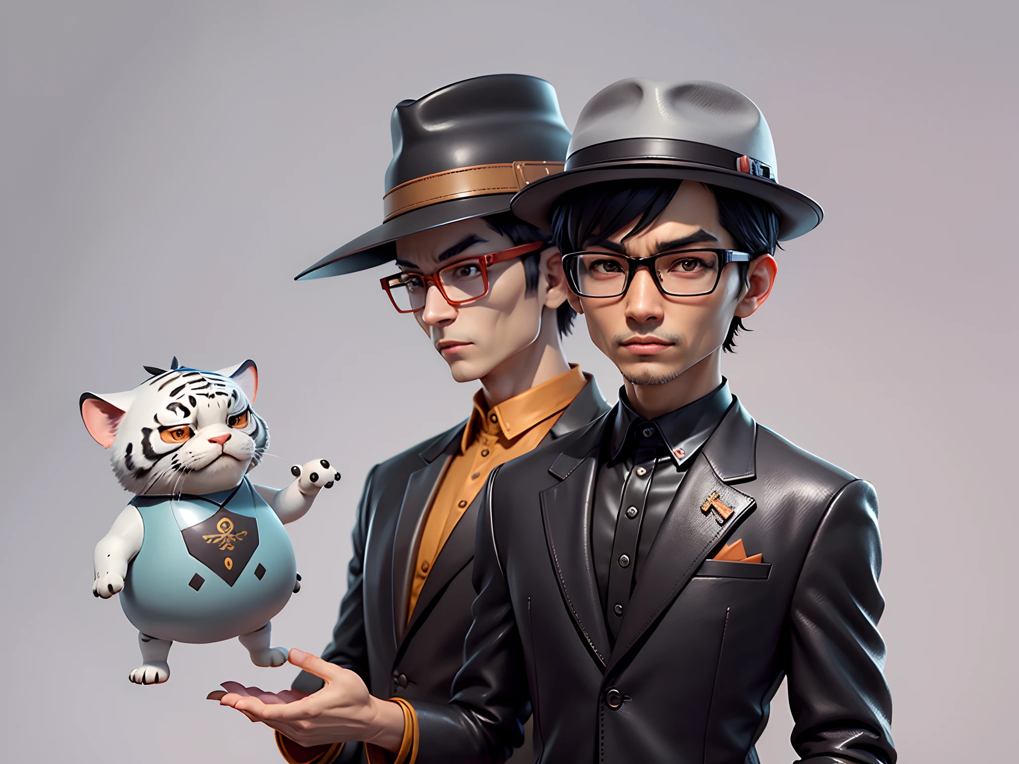 Young man with oriental face in leather hat, tiger, oriental face in formal suit, short black hair, silver glasses, digital painting, 3D character design by Mark Clairedon and Pixar and Hayao Miyazaki and Akira Toriyama, the illustration is a high-definition illustration in 4K resolution with very detailed facial features and cartoon-style visuals.