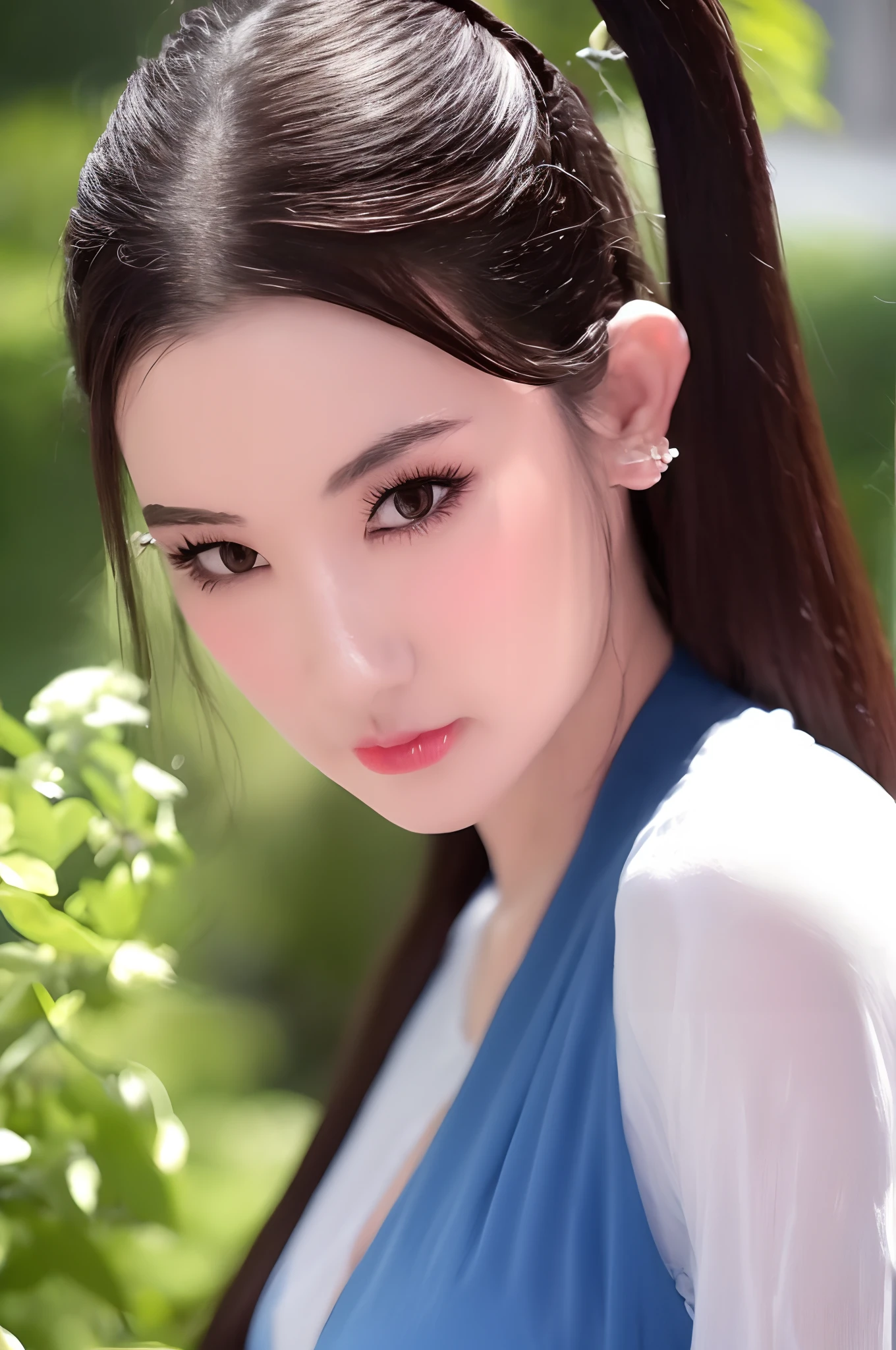 1 Realistic beautiful girl, Waist length hair, Black eyes, Ancient Oday, Style Hanfu, Wearing an ancient Chinese silk shirt, Pink and smooth white skin, Wear low-key antiques, Oday, appears shoulders and head in the photo,Cute little face, Eye bags under wet makeup, Plump red lips, Pout, ((Closed mouth:1.0)), Balance incisors, Embarrassed, Small face makeup explained，Tremendously beautiful, Breasts are super round and firm, Breast augmentation, Blum chest cabinet, Cover the girl's chest with a camisole inside, Blush, From the front side, Wear earrings, choker necklace, From above, view the viewer, Upturned eyes, full bodyesbian, Masterpiece, Top quality, Best quality, offcial art, Unity 8k wallpaper, A high resolution, Ultra-high RES, Ultra-detailed, (Photorealistic:1.2), Alone, Solo, only 1girl, Style Hanfu Dunhuang, 10x pixel, Super realistic, Ultra high quality, Full body view of girl, Upper body,