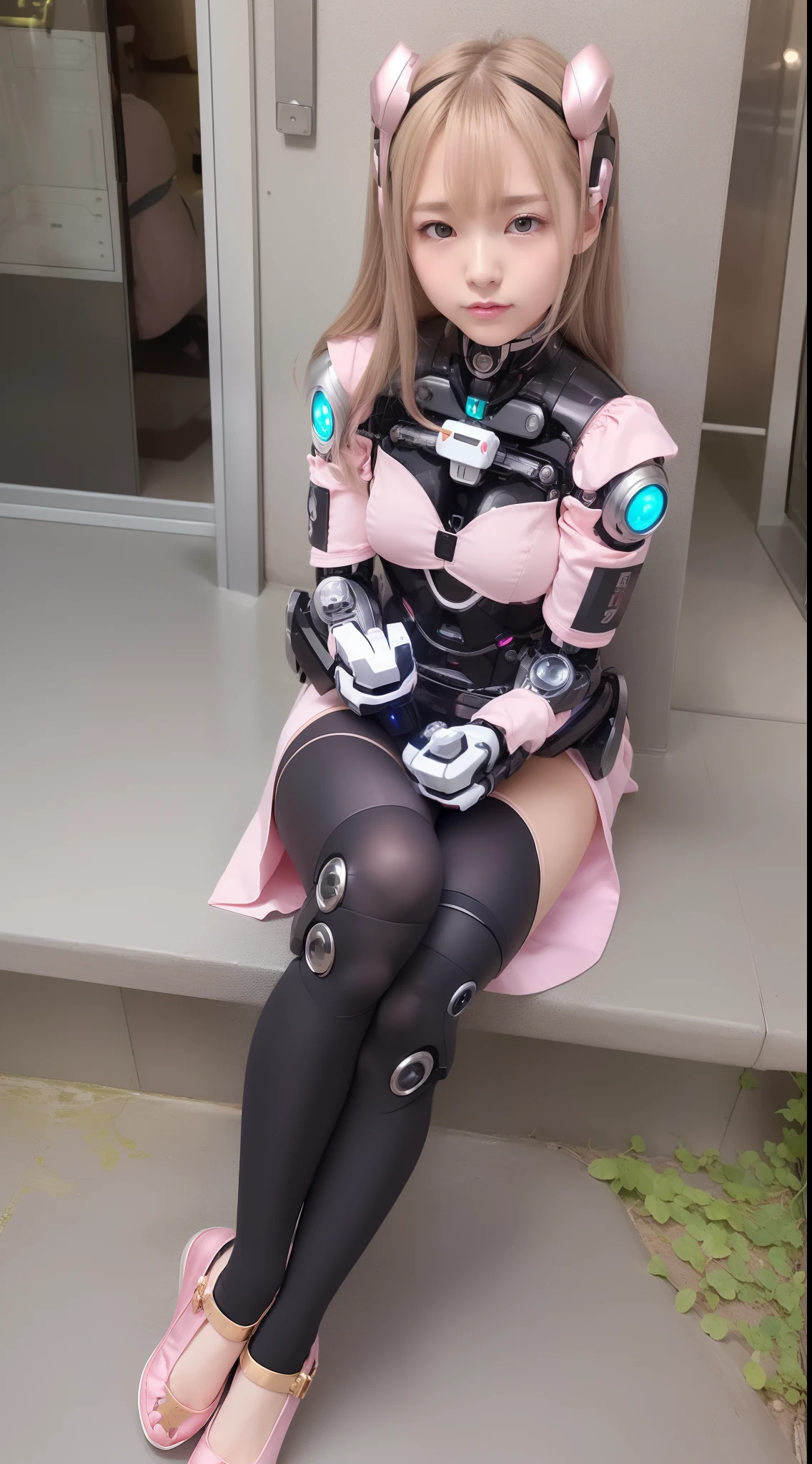 (Photorealsitic:1.4)、Onegirl、(top-quality)、(hyperdetailed face)、(Super well-formed face)、((Robot Parts))、(Cyborg girl)、(metalic)、(fullllbody)、(sexy pose)、(Slender body)、(Model body type)、(full body mech)、(mecha exposure)、(akihabara)、(is looking at the camera)、(A dark-haired)、(10Head and body)、(a small face)、(Idol)、(front facing)、(Sit on a chair with your legs open)、(Photo session)、(Looks sad)、(Cyborg girl in pale pink satin dress)、(Golden button)、(sleeve less)、(a miniskirt)、(K-POPthe wind)