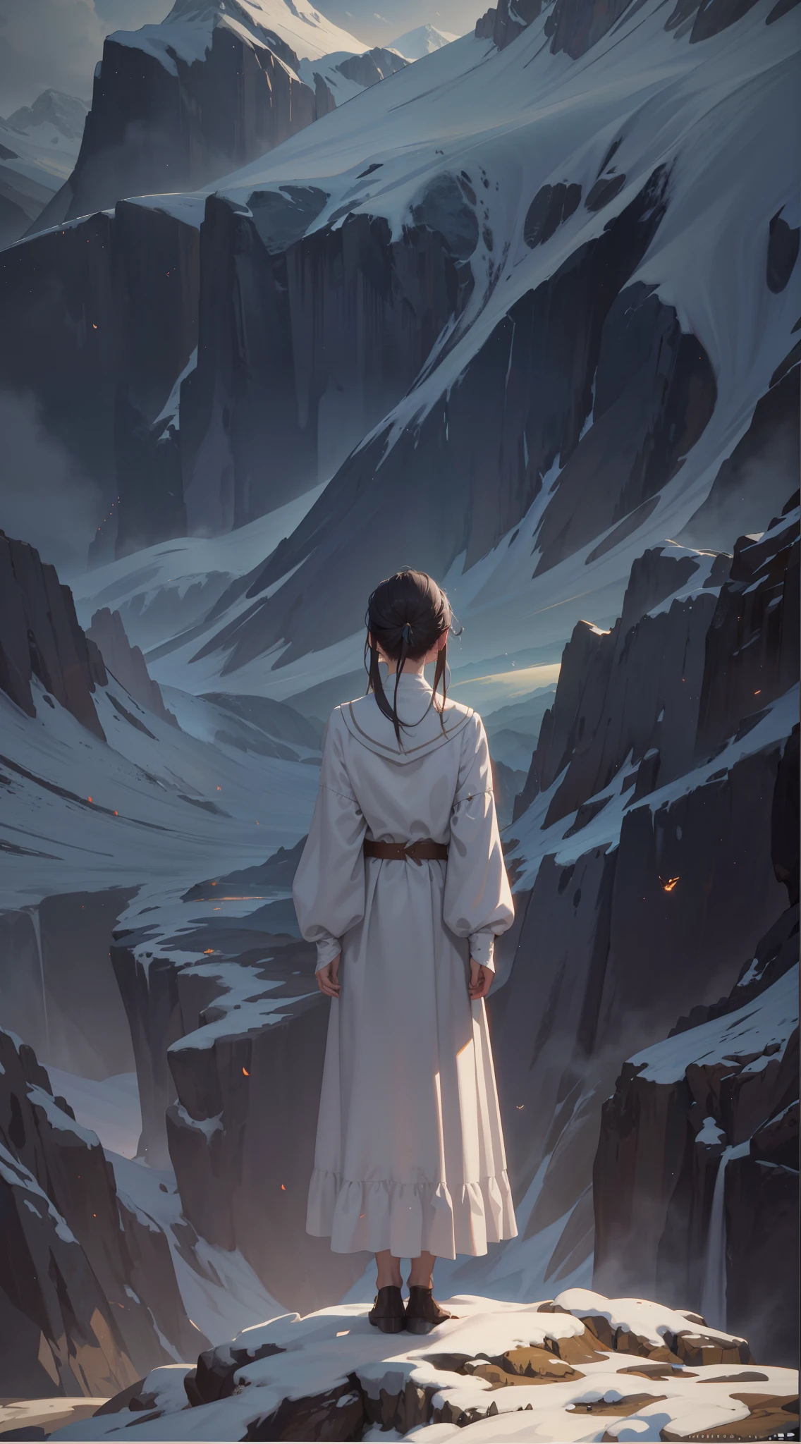 There was a woman standing on the mountain looking at the mountain, 8K stunning artwork, Guviz-style artwork, elegant cinematic fantasy art, jessica rossier fantasy art, emotional concept art, 4k highly detailed digital art, inspired by Jakub Schikaneder, 8k resolution digital painting, 8 k resolution digital painting, Beautiful digital artwork,White clothes White skirt,Clear hands,hair flowing