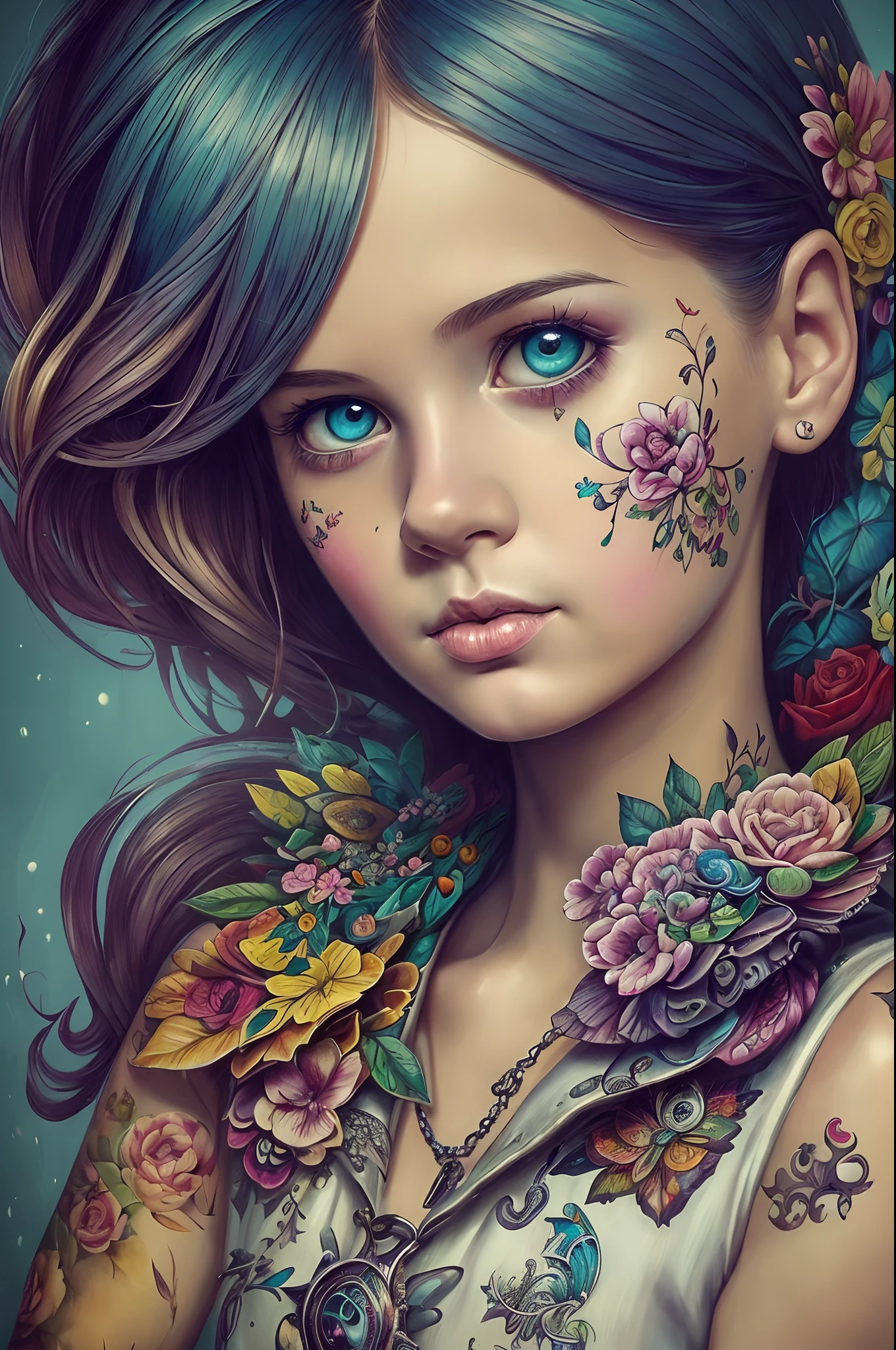((Best Quality, tmasterpiece)), 1young girl, very colorful, Best Improvisation, ((Michael Kutsche Стайл)), sensitivity, Detailed Illustration, grotesque, Complicated details, chilling, (aesthetics), Hyper-realistic, insanely detailed,