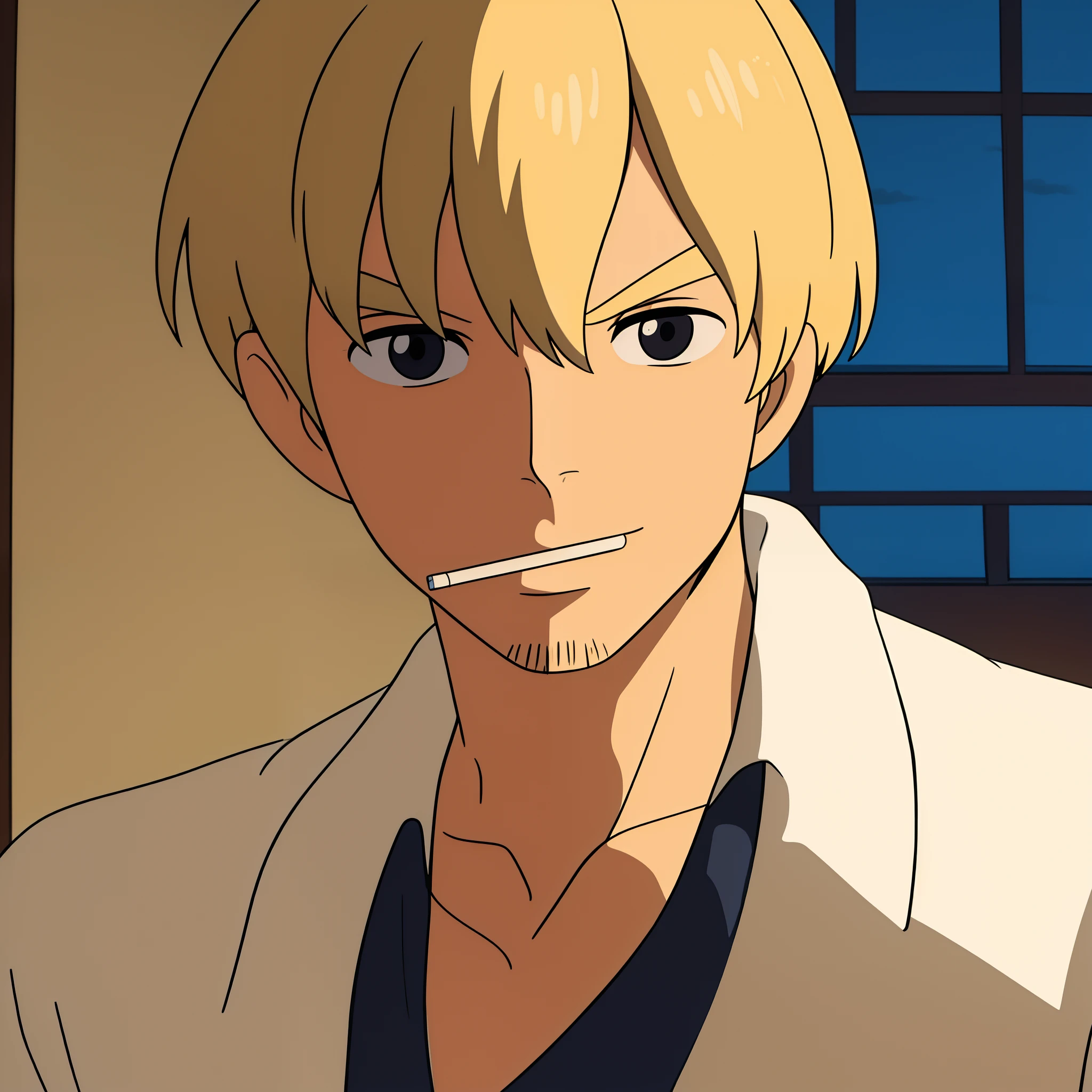 ((best quality)), ((masterpiece)), ((detailed background)), ((high quality illustration)), 1boy, wanostyle, sanji, blonde hair, bangs covering one eye, curly eyebrows, male focus, solo, indoors, collared shirt, upper body, cowboy shot, bangs, black eyes, jacket, facial hair, long sleeves, necktie, holding cigarette, smoking cigarettes, center of attraction, miyazaki hayao