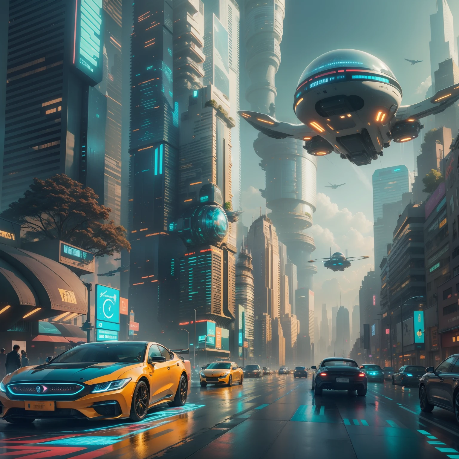Futuristic cityscape with flying cars and colorful skyscrapers