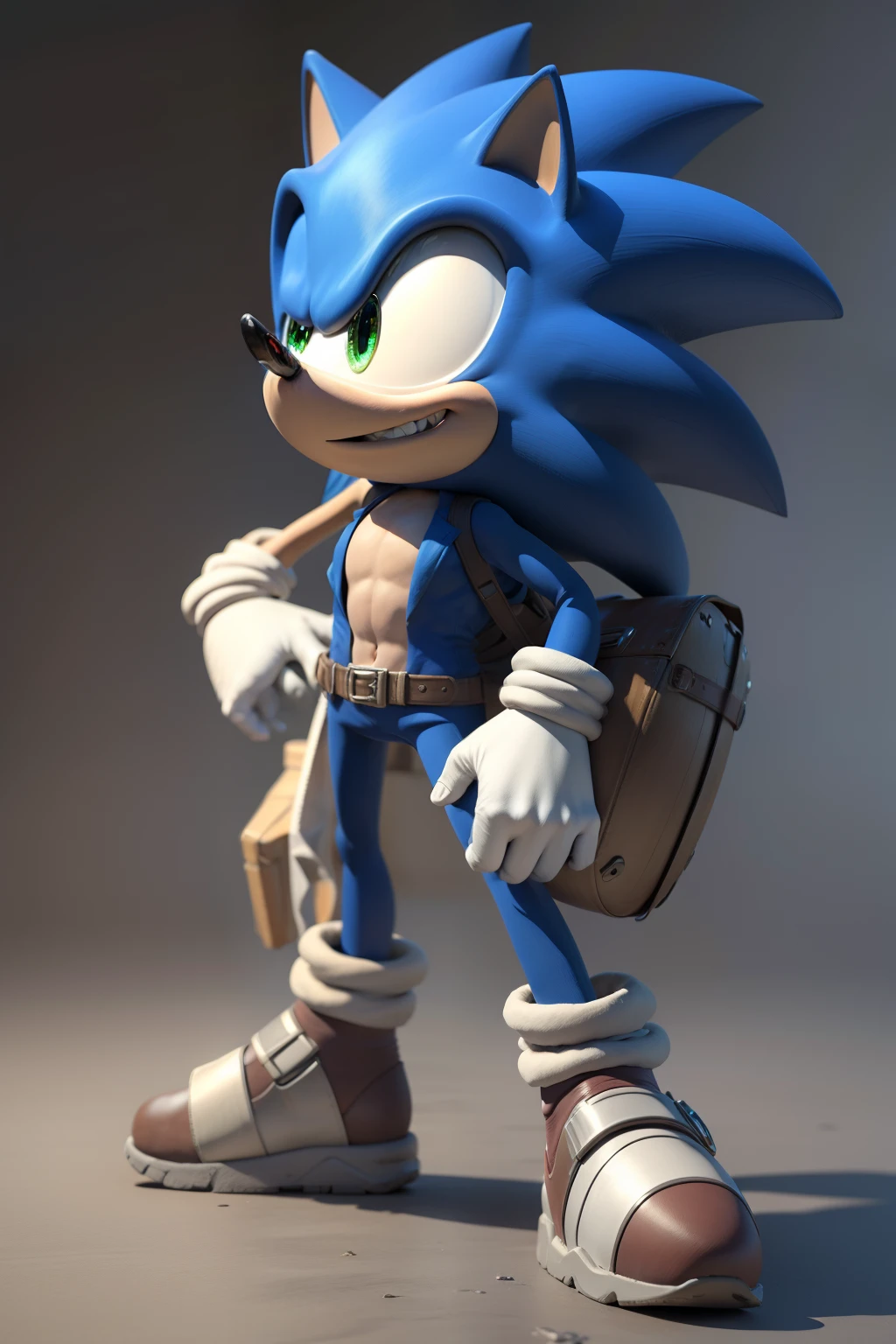 sonic dressed as an archeologist, grey background, 8k