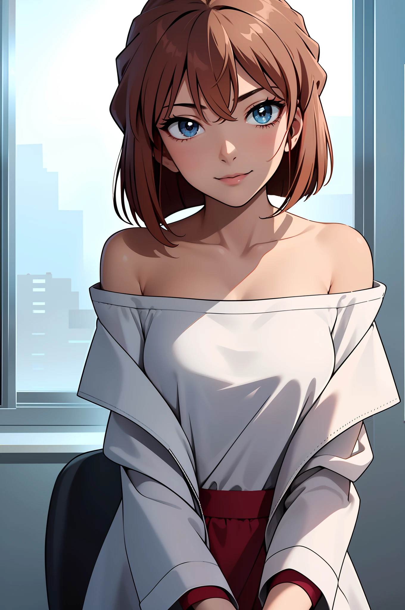 1girll, ((tmasterpiece, best qualityer, 8K)),As you wish,Off-the-shoulder attire,ssmile,Close-up,looks into camera,Be red in the face,inside in room,Beautiful detailed eyes,Detailed background,Red Lingeri,office room,office desk,White coat,Greenery