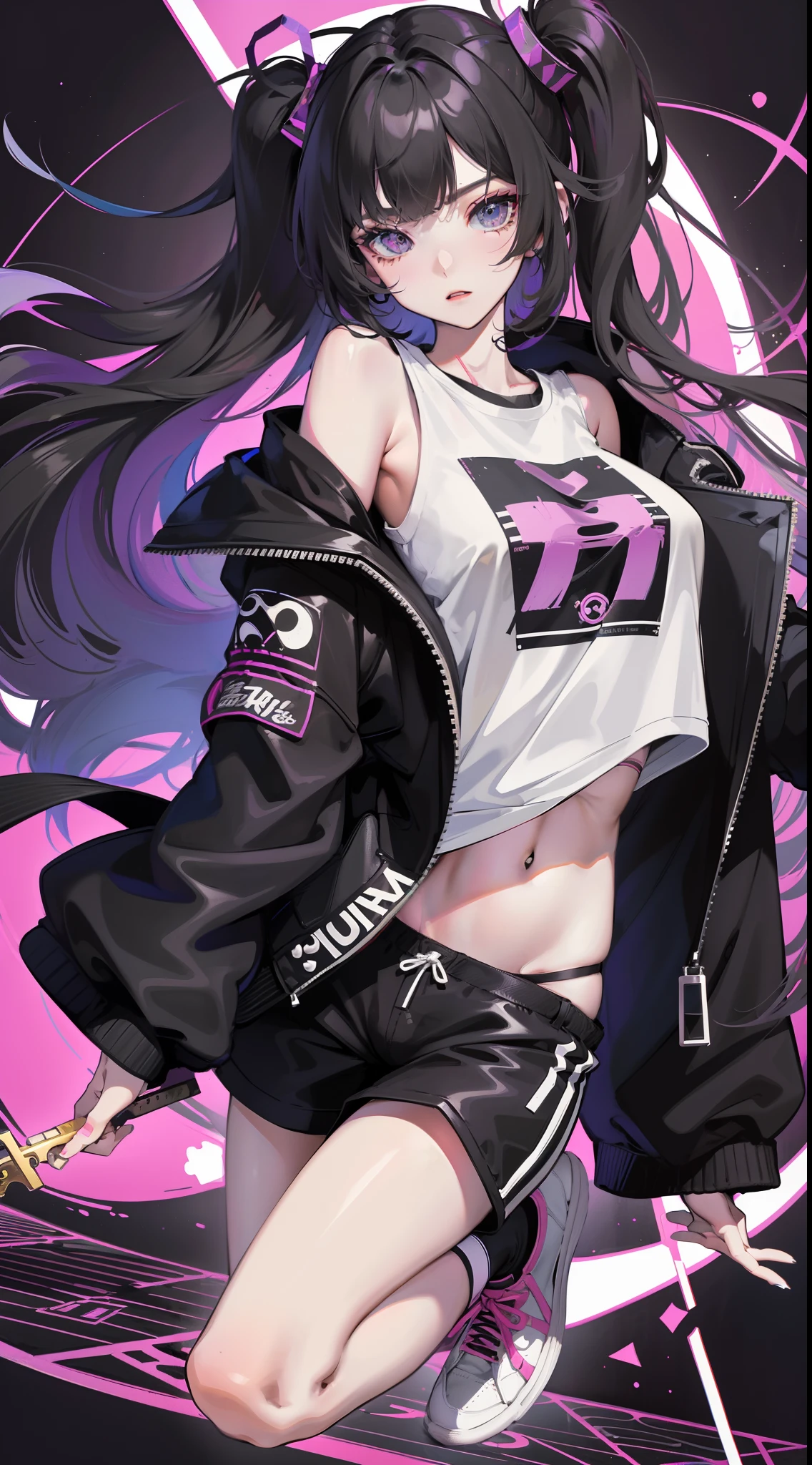 young girl, Long black hair in two ponytails, pink eyes, punk, leather jacket, Upskirt, open belly, open breasts, Masterpiece, hiquality