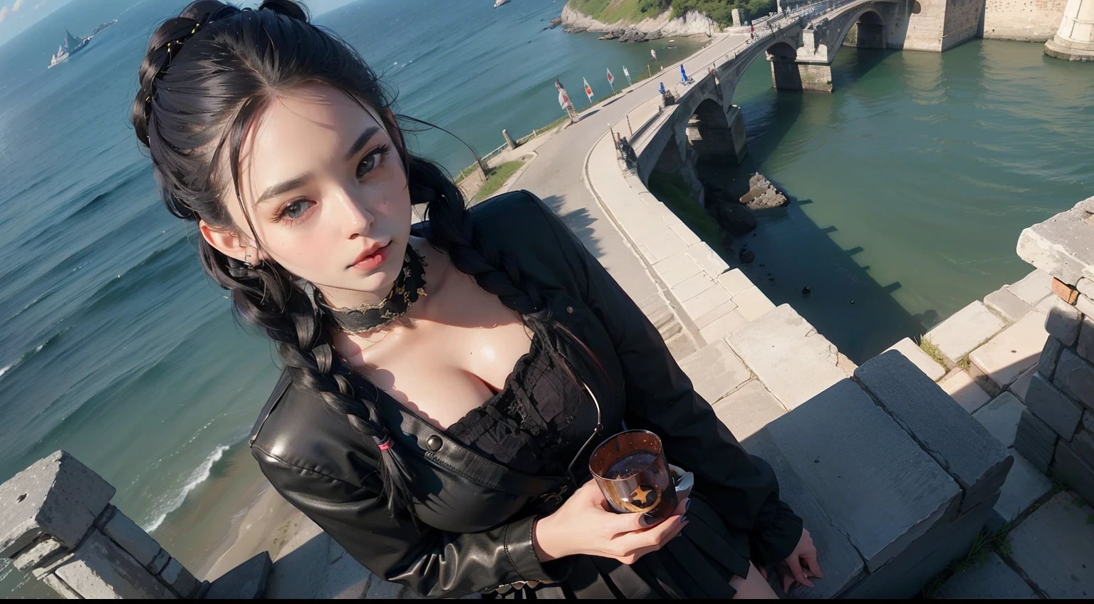 (realisitic,Photorealsitic:1.4),(1 Beauty:1.3),(beautiful countenance:1.5),Detailed shiny skin,A detailed eye,Precise hands and fingers,8K HDR, , masterpiece, (Dynamic angle footage),电影灯光, Finely drawn backgrounds,(The dim,dramatic lighting,No sunlight,near the ocean)Beautiful black people,a miniskirt,3Colored hair,Braided hair,Prague,ruins,Surprised,Composition looking down from above,Starry sky