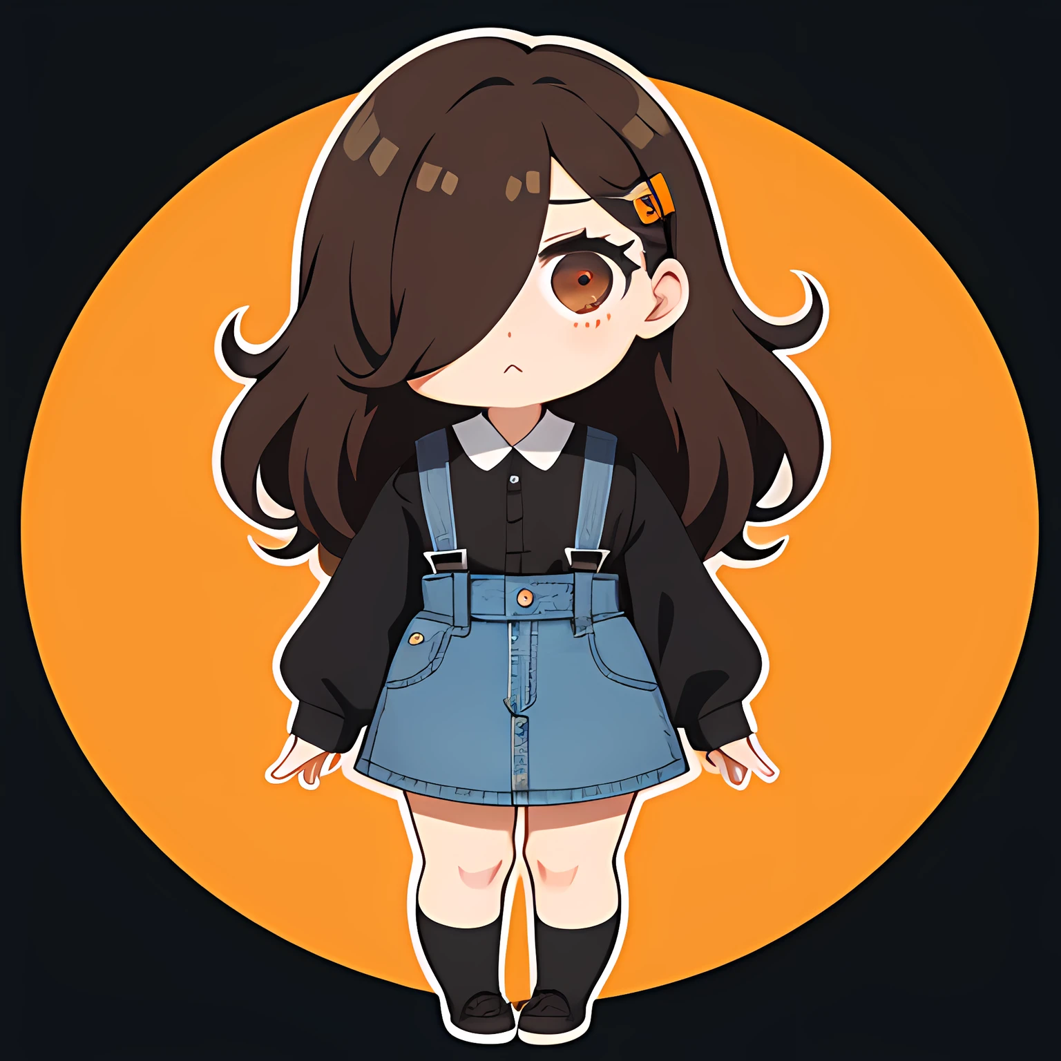 Hair over one eye、One Woman, 独奏, (twitch emote:1), Chibi, Brown hair, Black eyes, , comic strip, white backgrounid, a sticker, Thick black outline,Denim dresses、Black blouse、hair down、Orange hair、、brown haired、Denim Long Skirt