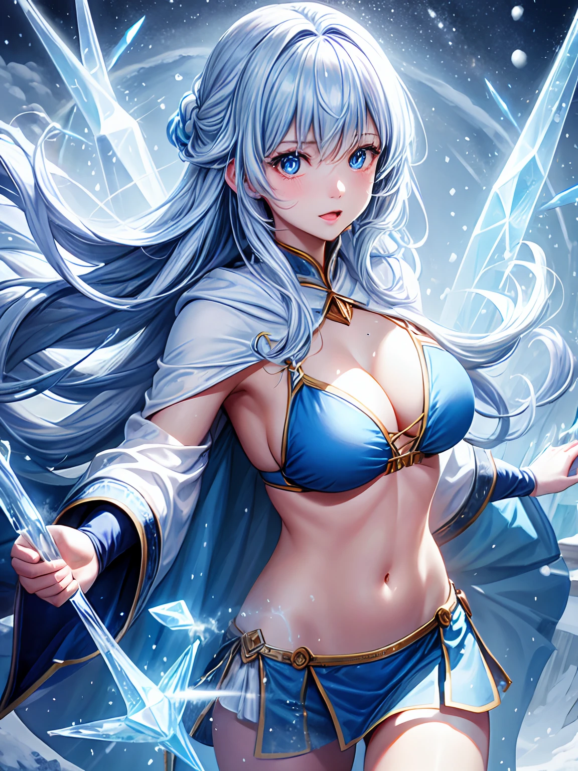 lighting like a movie、top-quality、A female wizard activates the Great Magic of Ice and Snow、Ice Magic Circle、Effects of heavy snowfall、Upper body bikini、a miniskirt、