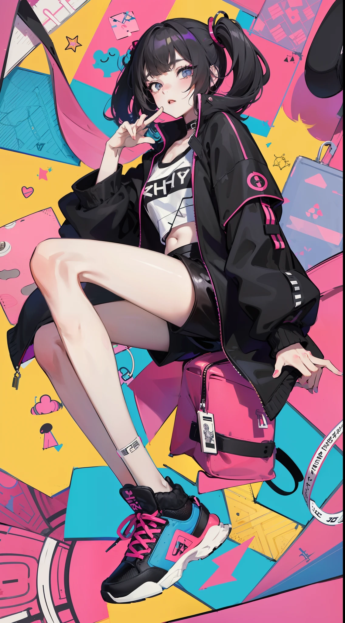 vividness,outline,zentangle,best quality,girl,unbelievably beautiful,oversized jacket,t-shirts,black shorts,sneakers,anime key visual,masterpiece,Impressive detail,best shadow,seamless geometric shapes,blank background,Geometric Puzzle Style,Geometric Emoji Mixed,