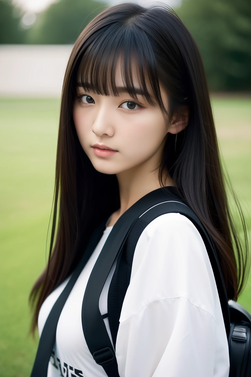 masterpiece、of the highest quality、one girls、20 years girl、A dark-haired、Straight black hair、I have bangs、Colossal tits、sports wear、college girls、Neat girl、no-makeup、cute little、Fashion magazine trends、Women's Magazine Trends、School bag、atlibrary