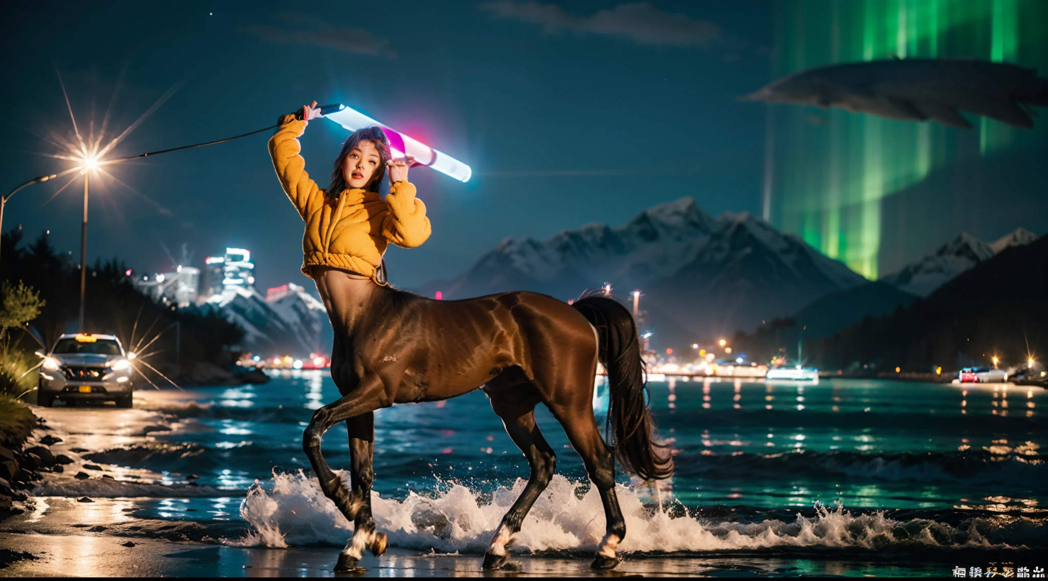 Ultra-grand scenes,The ultra-wide-angle lens captured the presence of a female centaur on location。The change in clothing does not affect the presentation of her physical characteristics。The extremely tall body of the female centaur has a tight and extremely convex large curve S-shaped curve,Her muscles are tight and her lines are slender, resulting in extremely exaggerated visual effects,The female centaur has slender and graceful lines。With tough and coquettish facial features, she is always as cheerful as the sun,Skyscraper Heels, a multifunctional off-road style with a strong sense of technology, was stepped on by her,Sometimes only her graceful figure can be seen,But her eyes shining like flame were always bright,She wears delicate and practical field gear on her hands, feet, wrists, neck and shoulders,The high-tech detection equipment flashes a variety of cue lights and neon-like information light screens,Let her always be surrounded by a charming colorful brilliance。Use Midjourney's advanced stroke tools and color palettes, as well as tools like texture packs and model packs, to dress female centaurs with inspired special tights and gear,While having good performance,Reflect her unique physiological characteristics in different postures and handle the corresponding appearance details,Make the picture look more coordinated,Add realism even further。The adventures of the female centaur always offer spectacular views of these magnificent and magnificent scenery at a glance:Suddenly, the storm suddenly cleared the sky,With the glow, the river of stars and colorful auroras, meteors and bright moons rise,On the horizon, the snow-capped peaks of Mount Everest in the distance reflect the colorful sky,The fireworks of the mountain town also appear quiet next to the lake and mountains,The babbling valley that stretches to the foot of the mountain flows into the endless Hanhai and the blue ice is beautiful to the point of suffocation,Healthy Avenue connects to Long Beach