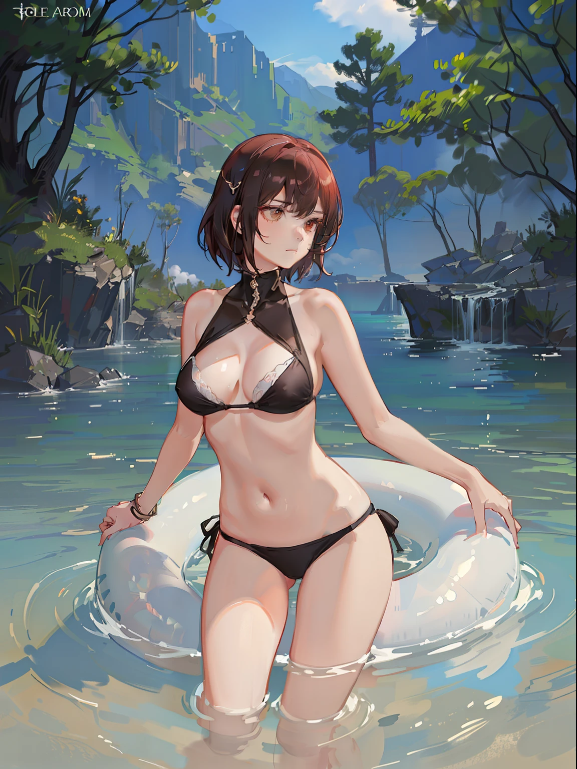 (tmasterpiece),(best qualtiy),(ultra - detailed),(Ultra photo realsisim),(best character detail:1.36),physically-based renderingt,
brown hair,short detailed hair,red color eyes,shoulder-length short hair,Indifferent girl,listless,swim wears,A swimsuit with a sense of design,Indifferent expression