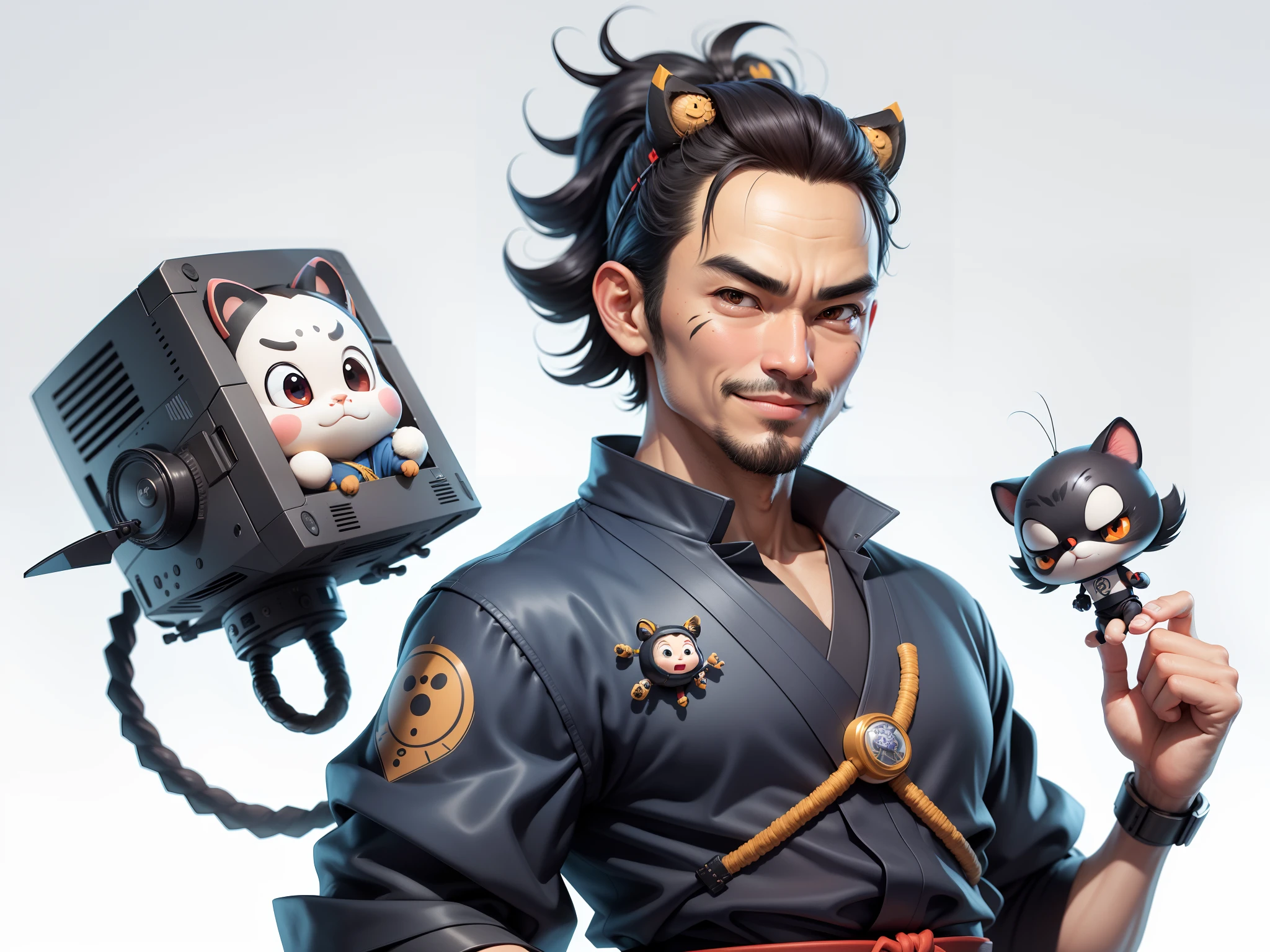 (Daisaku),(Need),(Super meticulous),(full bodyesbian:1.2),Super young man with Japanese geisha,Beautiful,orient,one tiger,Aeolian Thor,Raised sexy,爆乳,Oriental face,TV Anchor,Bust portrait illustration,In black suit,a blue tie,The face is slightly chubby,The face was clean,without a beard,Black super short hair,Black eyes,Smile confidently,3C computer sub-products,iPad, iphone,Digital painting,3D character design by Mark Clairen and Pixar and Hayao Miyazaki and Akira Toriyama,The illustration is a high-definition illustration in 4K resolution,With very detailed facial features and cartoon-style visuals。