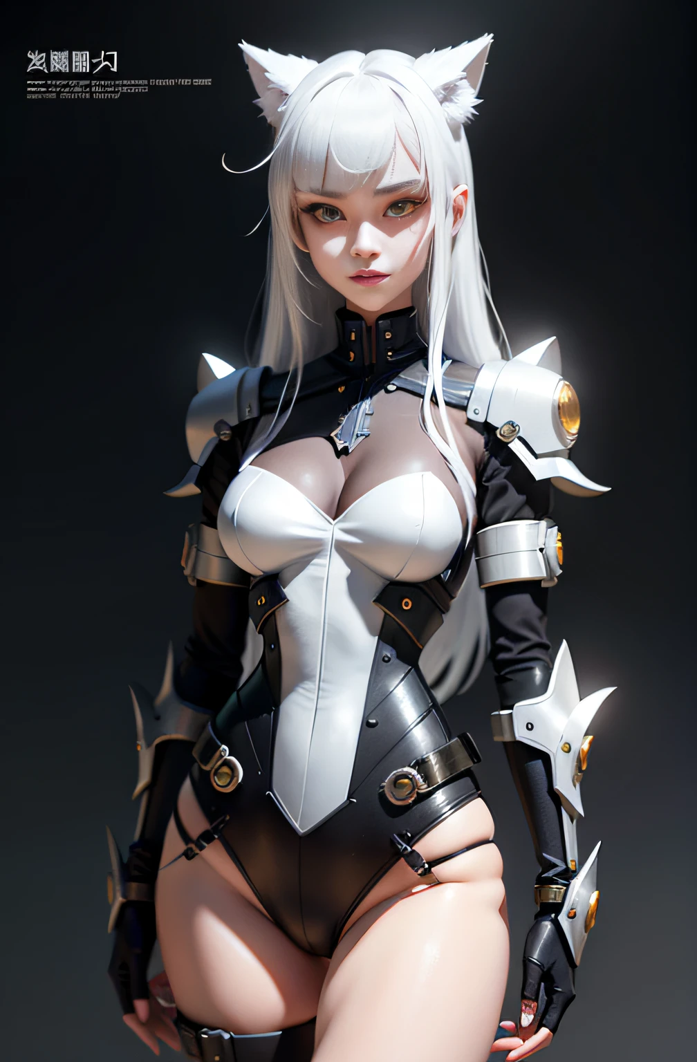 Wolf-eared young woman with steel tail, golden eyes, exoskeleton, science fiction, White hair, bangs, Animal ears, Evil smile, crazy, anime big breast, god light, shadowing, character sheets, reference sheet, hyper HD