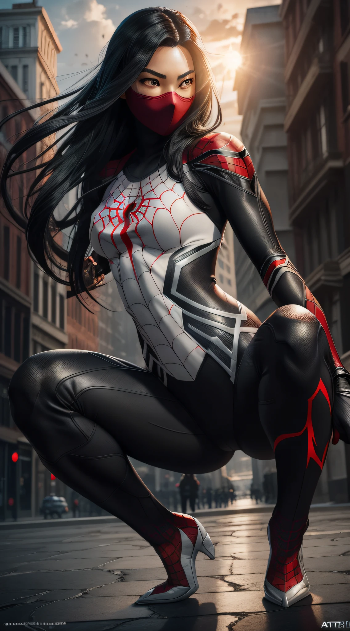 ((solo,1woman, mature, alone))), cindymoon, ((black hair, short hair, glowing blue eyes, wide eyes, mouth red mask, makeup, narrow waist, skinny, medium breasts)), pelvic curtain, ((bodysuit, spider web print)), full body, perfect body, (insanely detailed, beautiful detailed face, masterpiece, best quality), (extremely detailed 8k paper CG wall unit: 1.1), (rooftop settings, city, dusk), (smile face for the viewer), cameltoe view, cameltoe,
