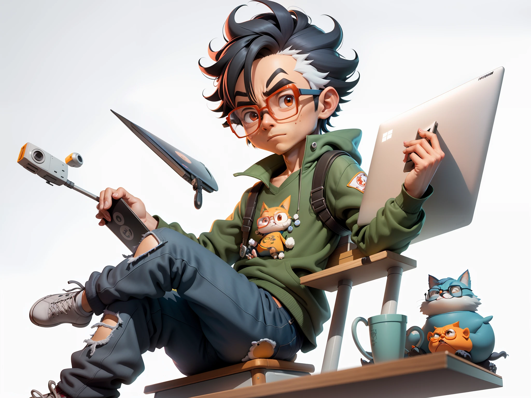 A young man with glasses sits at his desk，holding laptop，digitial painting，3D character design by Mark Clairen and Pixar and Hayao Miyazaki and Akira Toriyama，4K HD illustration，Very detailed facial features and cartoon-style visuals。