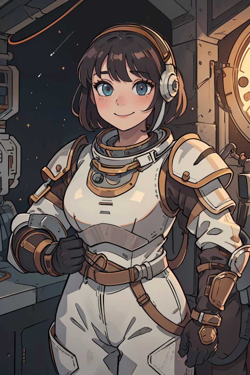 professional artwork, detailed eyes, beautiful eyes, beautiful face, flawless face, gorgeous face, smooth features, blush, short hair, beautifully detailed background, adventurous astronaut knight in armored space suit holding glowing sword made of light, space suit looks like knight armor, space suit, thick heavy space suit, environment suit, hoses and tubes on suit, dials and switches, space suit backpack, nasa, nasa punk, nasapunk, astronaut, astronaut suit, cosmonaut, medieval knight, knight armor, leather armor and metal armor, mechanical background, sci fi, science fiction, futuristic, fantasy armor, full plate armor, medieval armor, knight helmet, knight visor, grilled faceplate, large helmet, big helmet, heavy collar, vacuum seal ring around neck, life support systems, rustic material, heavy stitching, thick leathers, armored breastplate, armored chest, leather gloves, rustic craftsmanship, adventurous, adventure, cute, smiling, shoulder pads, armor, white and orange outfit, heraldry, sides of head is shaved, cropped haircut, helmet on head, cassette futurism, gloved hands, bulky space suit, bulky armor