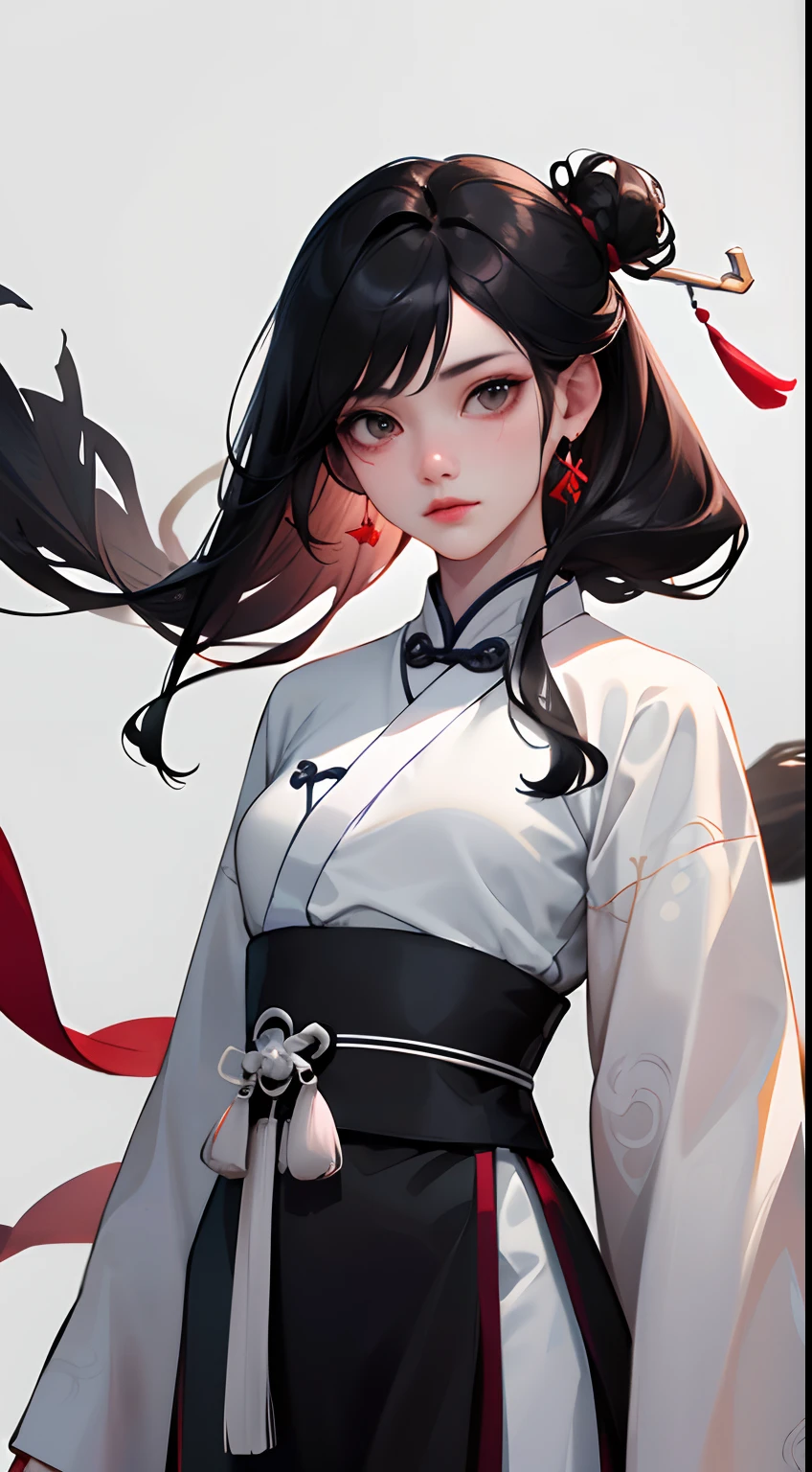 (Masterpiece, Top Quality, Best Quality), ((Wuxia World, Xiuxian, Chinese Wuxia,)), (1 Girl Solo), (Gentle Eyes), (Hanfu, Tulle Streamer), (Hairpin, Long Black Hair), (Hanfu), Light Pink Lips, (Young), Earrings, White Skin, (Clear Facial Features, Detailed Skin Texture, Beautiful Face, Facial Highlight, Waist Up), White Background, Standing, Slim Figure, 8k UHD, DSLR, Soft Light, High Quality, High Resolution, (Very Detailed CG Unity 8K wallpaper)