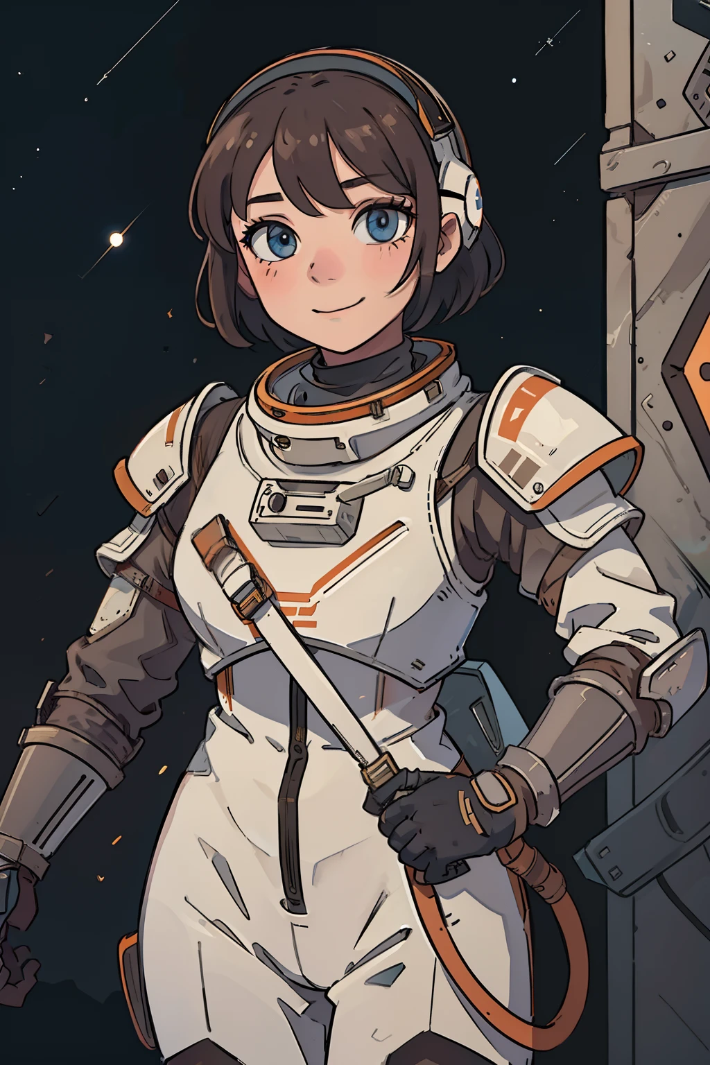 professional artwork, detailed eyes, beautiful eyes, beautiful face, flawless face, gorgeous face, smooth features, blush, short hair, beautifully detailed background, adventurous astronaut knight in armored space suit holding glowing sword made of light, space suit looks like knight armor, space suit, thick heavy space suit, environment suit, hoses and tubes on suit, dials and switches, space suit backpack, nasa, nasa punk, nasapunk, astronaut, astronaut suit, cosmonaut, medieval knight, knight armor, leather armor and metal armor, mechanical background, sci fi, science fiction, futuristic, fantasy armor, full plate armor, medieval armor, knight helmet, knight visor, grilled faceplate, large helmet, big helmet, heavy collar, vacuum seal ring around neck, life support systems, rustic material, heavy stitching, thick leathers, armored breastplate, armored chest, leather gloves, rustic craftsmanship, adventurous, adventure, cute, smiling, shoulder pads, armor, white and orange outfit, heraldry, sides of head is shaved, cropped haircut, helmet on head, cassette futurism, gloved hands, bulky space suit, bulky armor