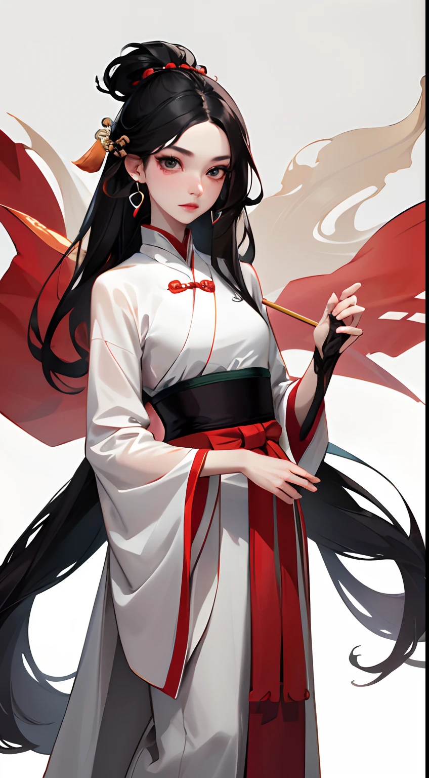 （Beautiful girl dressed in white），Full body standing painting，Wide sleeves，watery big eyes，Beautiful face and smooth fair skin，s delicate face，cabelos preto e longos，An ancient Chinese beauty，wearing ancient Chinese costume，gossamer，Colorful，Vivid and bright colors，Vibrant digital illustration，（clean backdrop），Ink painting style，Clean colors，Decisive cut，A white space，tmasterpiece， Ultra-delicate，Epic composition，high high quality，HighestQuali，4K