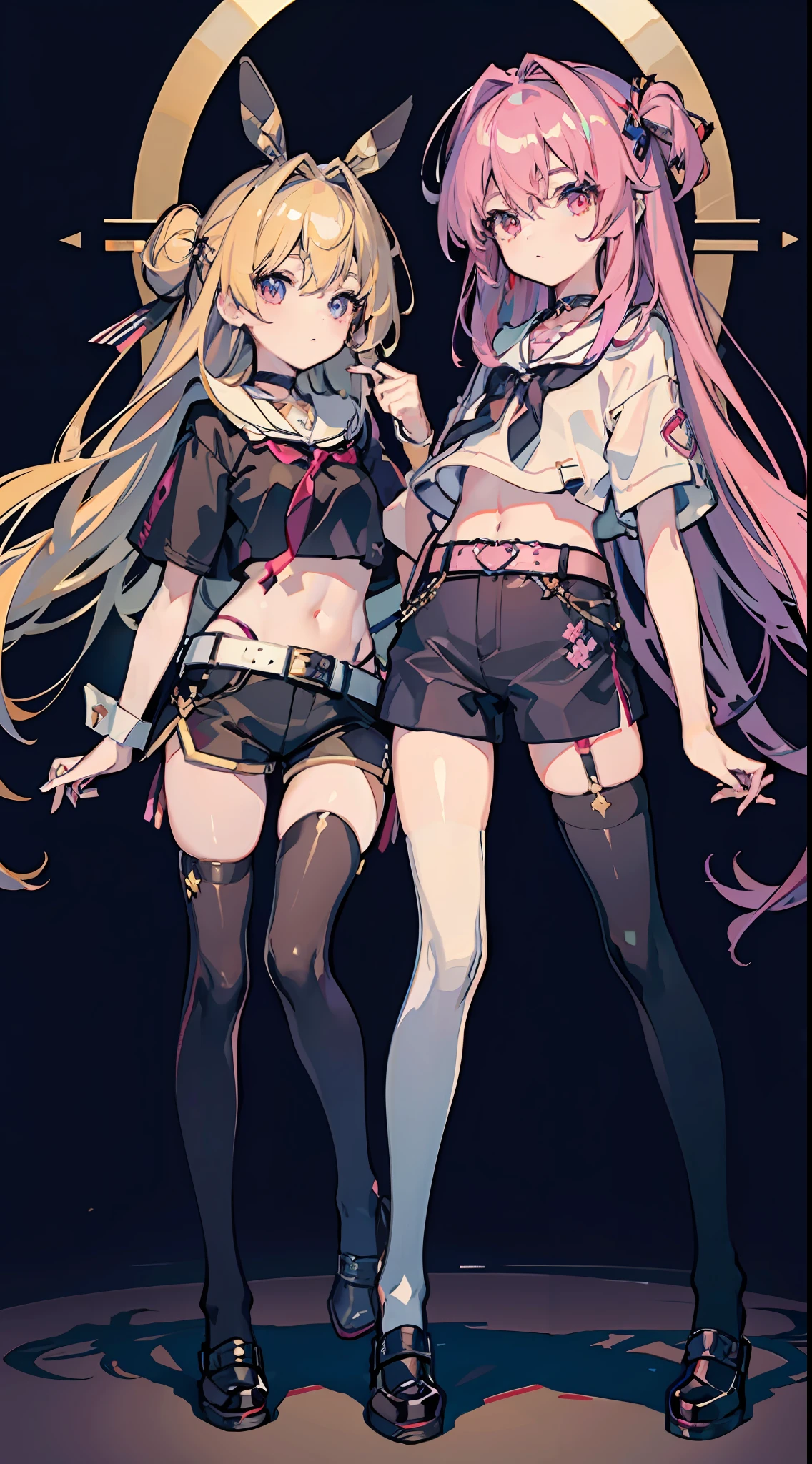 ,twins, Masterpiece,Best quality,offcial art,Extremely detailed Cg Unity 8K wallpaper, 2girls, cute female , Yuri, hair adornments, Short shorts, Crop top, Pantyhose, ribbon_choker necklace, leg belt,