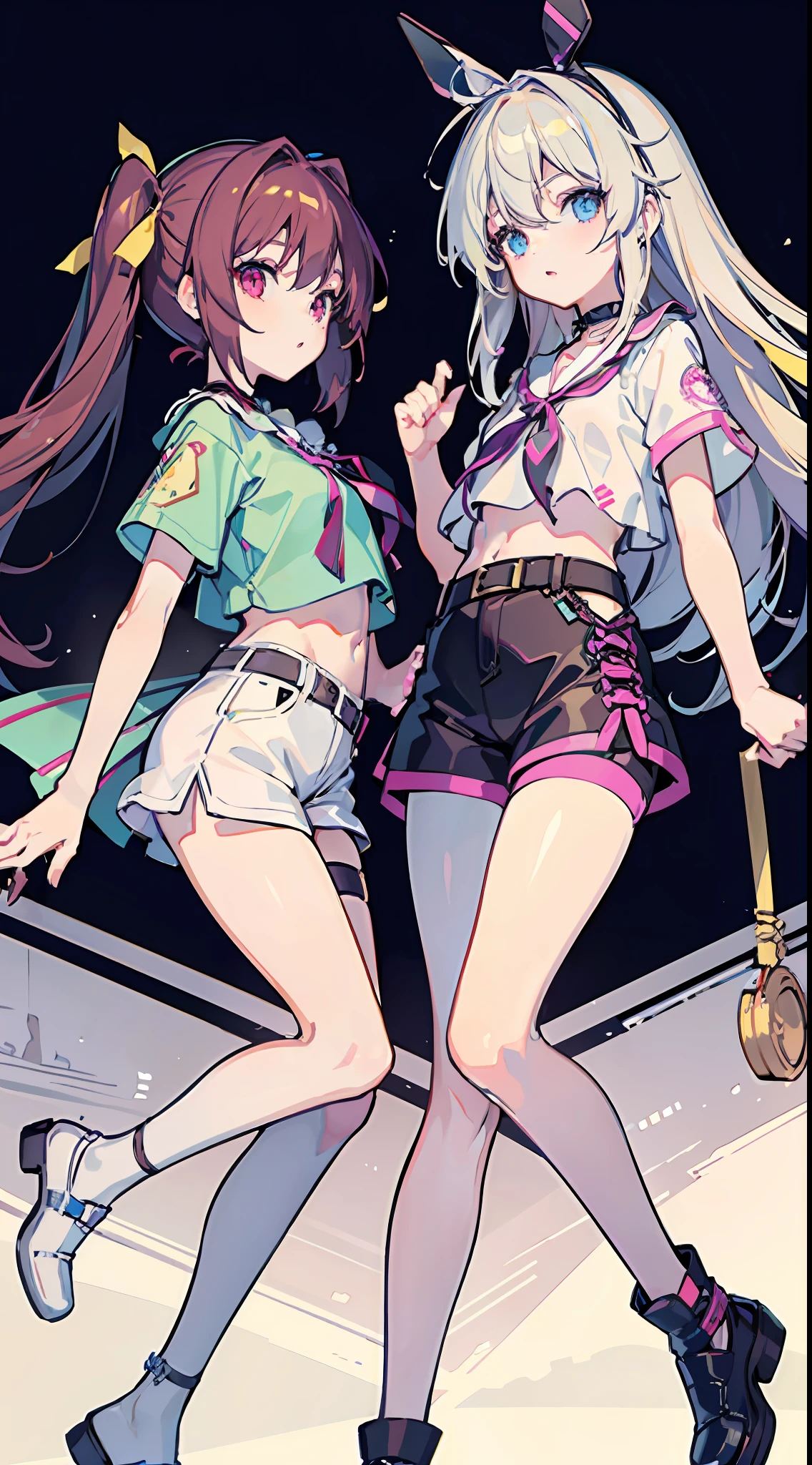 ,twins, Masterpiece,Best quality,offcial art,Extremely detailed Cg Unity 8K wallpaper, 2girls, cute female , Yuri, hair adornments, Short shorts, Crop top, Pantyhose, ribbon_choker necklace, leg belt,