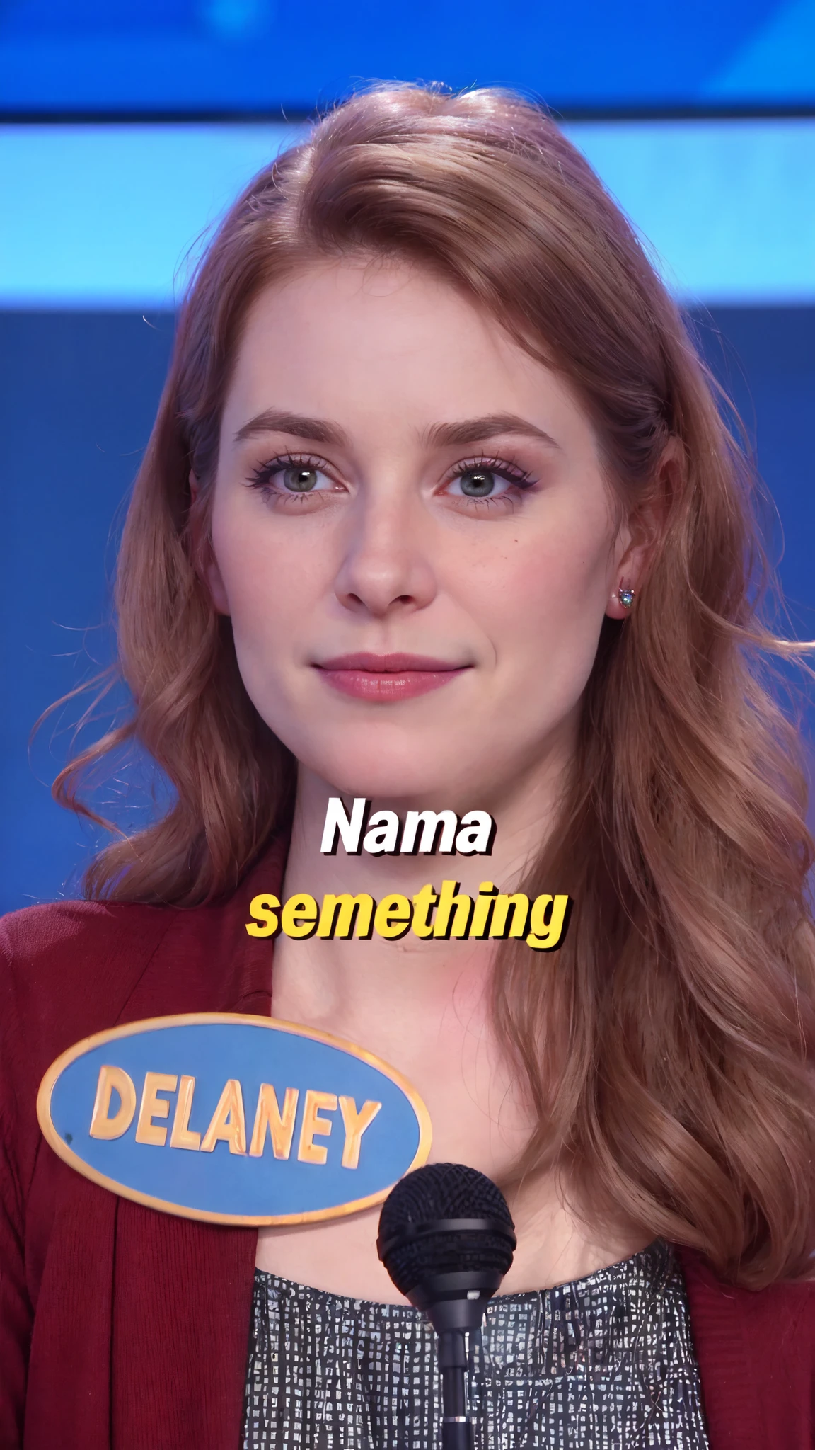 a close up of a woman with a microphone and a name tag, i mean, italian looking emma, delunay, felicia day, award-winning snl skit, pronounced cheekbones, sarah, sneering, meme template, denning, delicate, she has a distant expression, defined, very detaied, lina, she has a cute expressive face