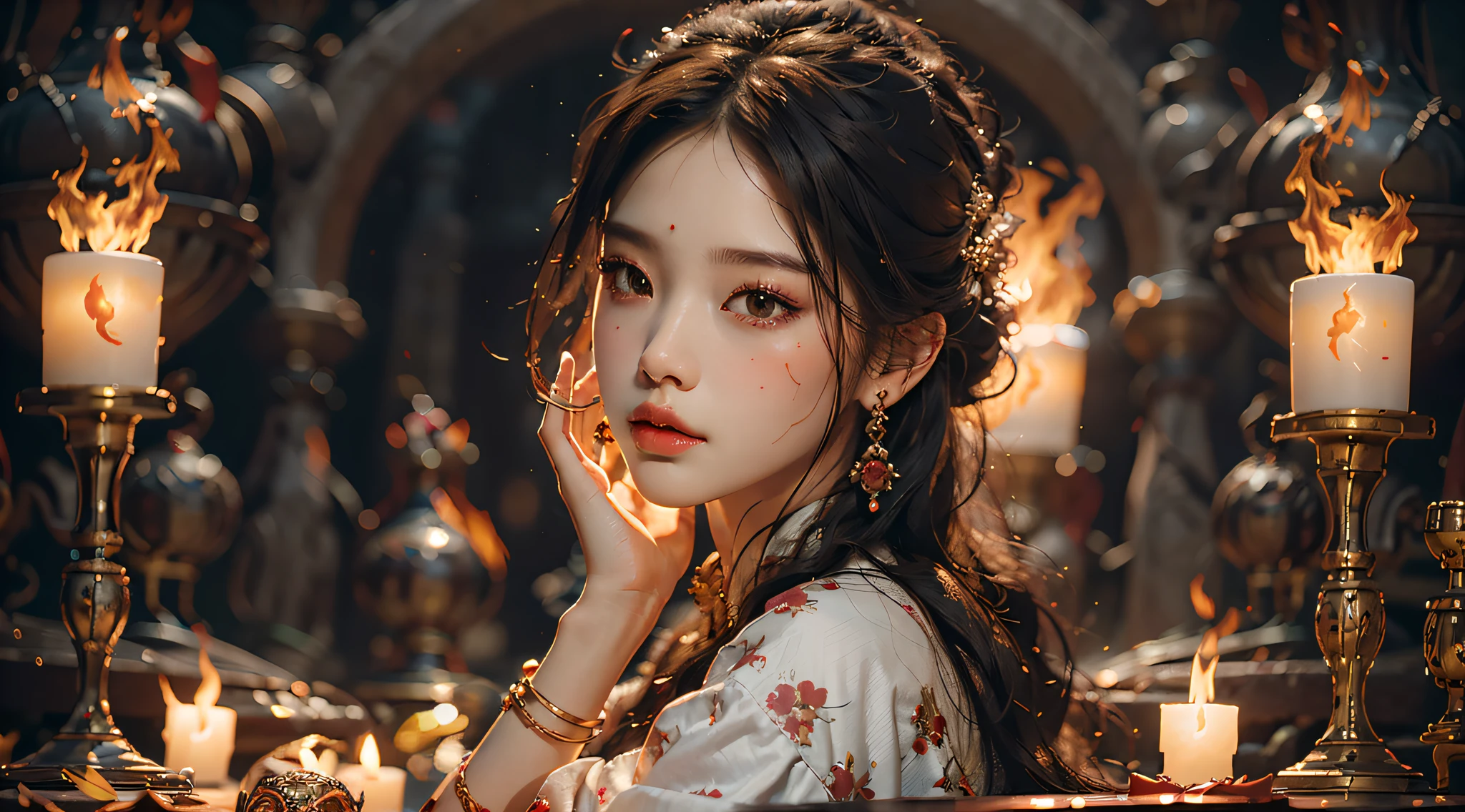 Best quality,masterpiece,ultra high res,(photorealistic:1.4)1girl,beautiful_face,detailed skin,full body,yuhuoshu,jewelry,solo,earrings,(fire:1.3),blurry,realistic,lips,