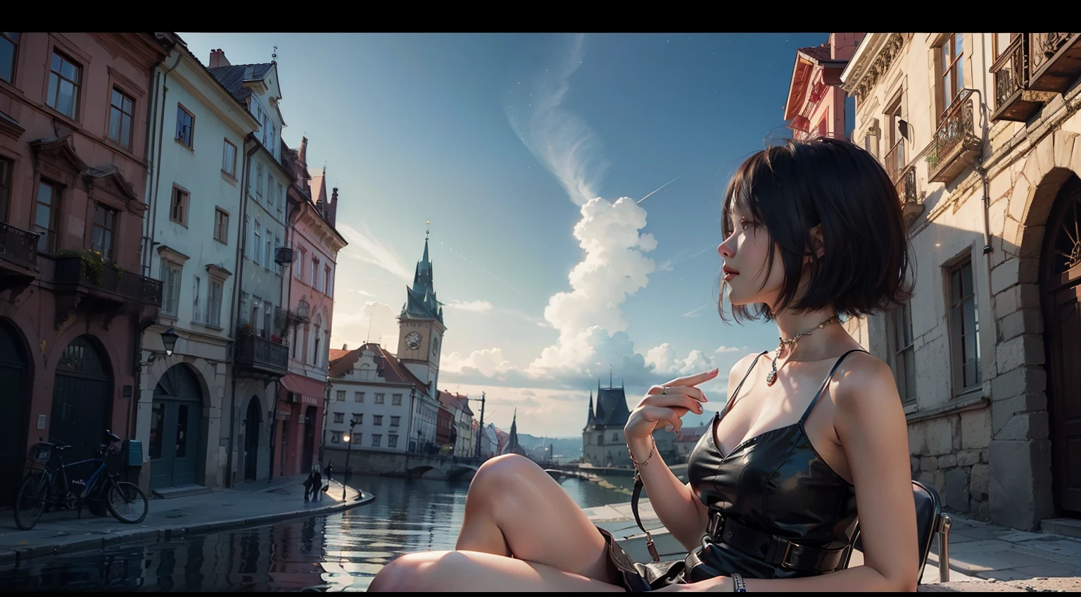 (realisitic,Photorealsitic:1.4),(1 beauty:1.3),(beautiful countenance:1.5),Detailed shiny skin,A detailed eye,Precise hands and fingers,8K HDR, , ​masterpiece, (Dynamic Angle Video),电影灯光, Finely drawn backgrounds,(The dim,dramatic  lighting,No sunlight,near the ocean)Beautiful black people,a miniskirt,３Colored hair,short-hair,Prague,Ruins,Surprised,composition seen from below,Starry sky,Beautiful profile,Lower breast