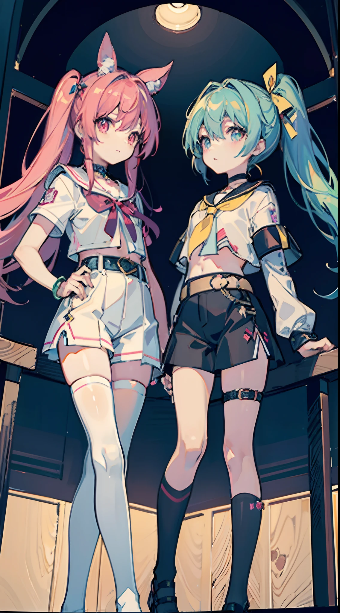 ,twins, Masterpiece,Best quality,offcial art,Extremely detailed Cg Unity 8K wallpaper, 2girls, cute female child, Yuri, hair adornments, Short shorts, Crop top, Pantyhose, ribbon_choker necklace, leg belt,