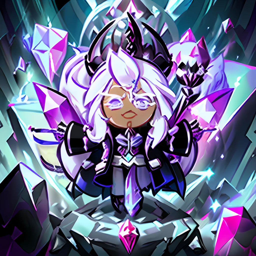 Windwitch Crystal Bell as a Cookie Run Character,(( Solo,1Male)), long white hair , in a Ponytail , purple and White suit with Tailcoat, purple crystals, Evil , sinister,corrupta, ((Masterpiece)),( High Aesthetic), ((highest quality))