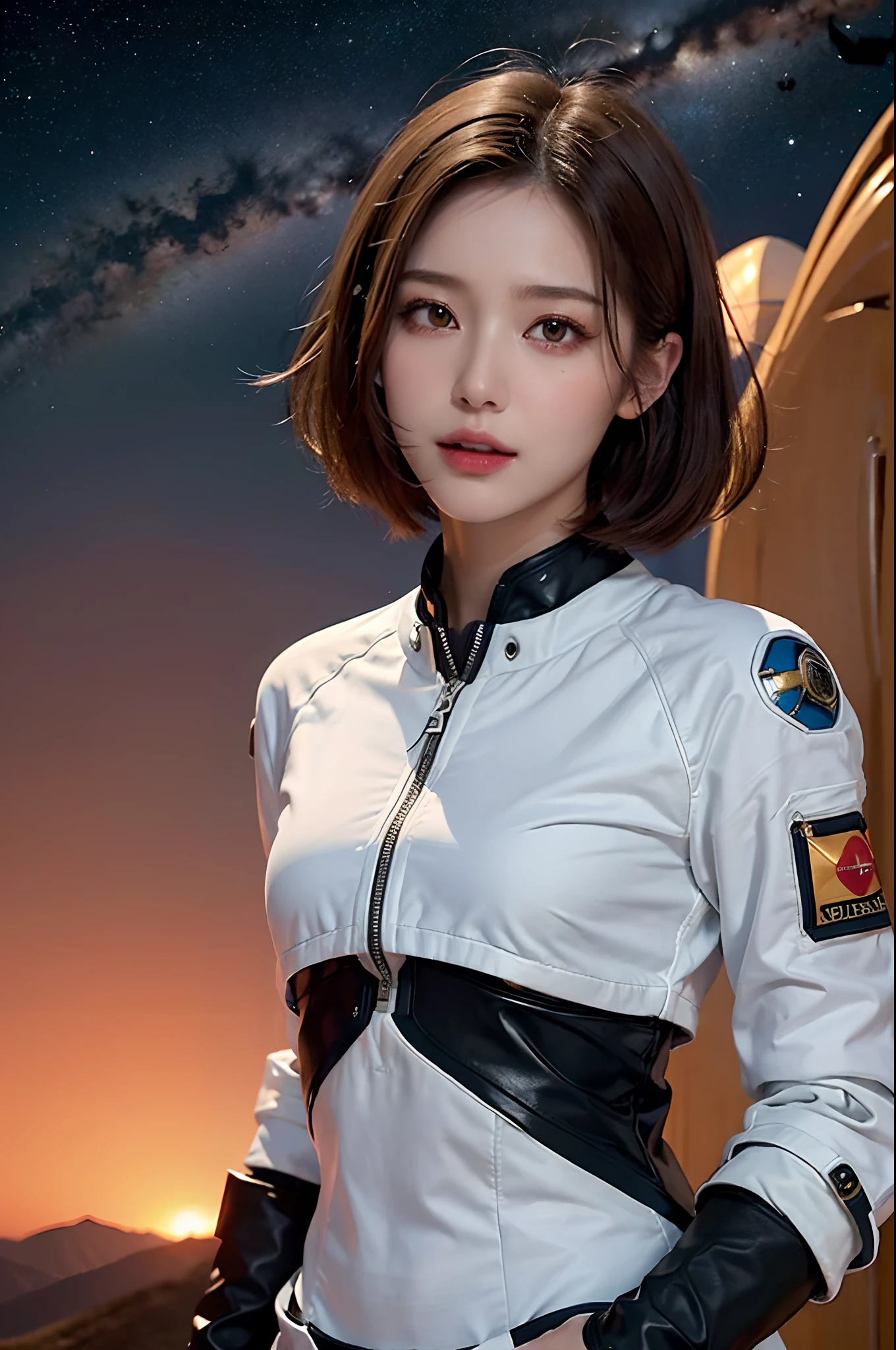 top-quality、masterpiece、超A high resolution、(realisitic:1.4)、Beautiful adult woman、Beautiful detail eyes and skin、ssmile、Light brown short-cut hair、The perfect spacesuit、spaceships、Desolate and mysterious planet、Red sky、UFOs flying in the sky、in isekai、