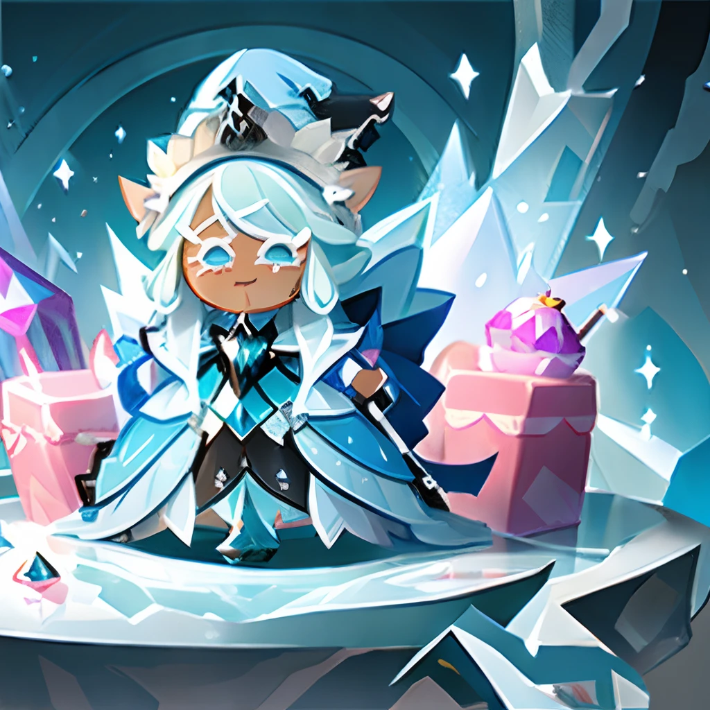 Windwitch Diamond Bell as a Cookie run Character , long Light blue Hair , Braided ponytail, ornate ballgown , Witch hat , ice aesthetic,(masterpiece), High aesthetic,(( high quality))