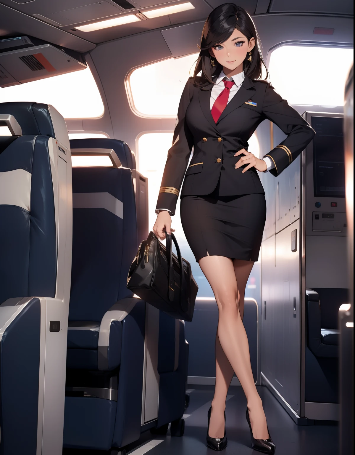 Stewardess,Wear flight attendant clothes,A beautiful full body girl,with fair skin,cabelos preto e longos,24 years of age,busty figure,short skirt,Super sexy scene,facial closeups