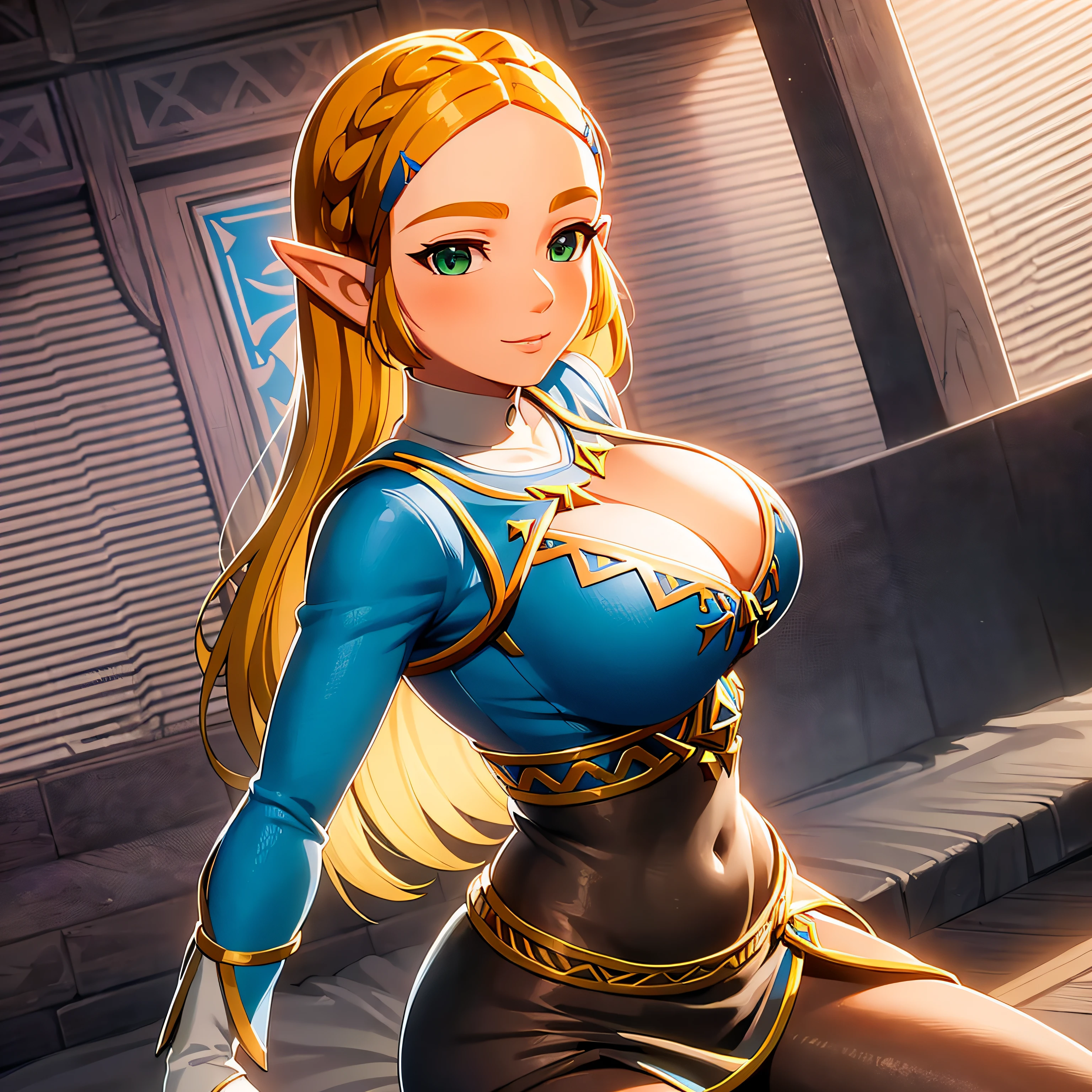((masterpiece)),(illustration),(((best quality)),iridescent, high resolution illustration,Amazing,highres,intricate detail, extremely detailed CG unity 8k wallpaper ((zelda)), large breasts, full body, (delicate cute face), blond long hair, lovestruck,(green eyes), smile, joyful, facing viewer, , narrow waist, young girl, 15 year oluctive, tight shirt, tight body,