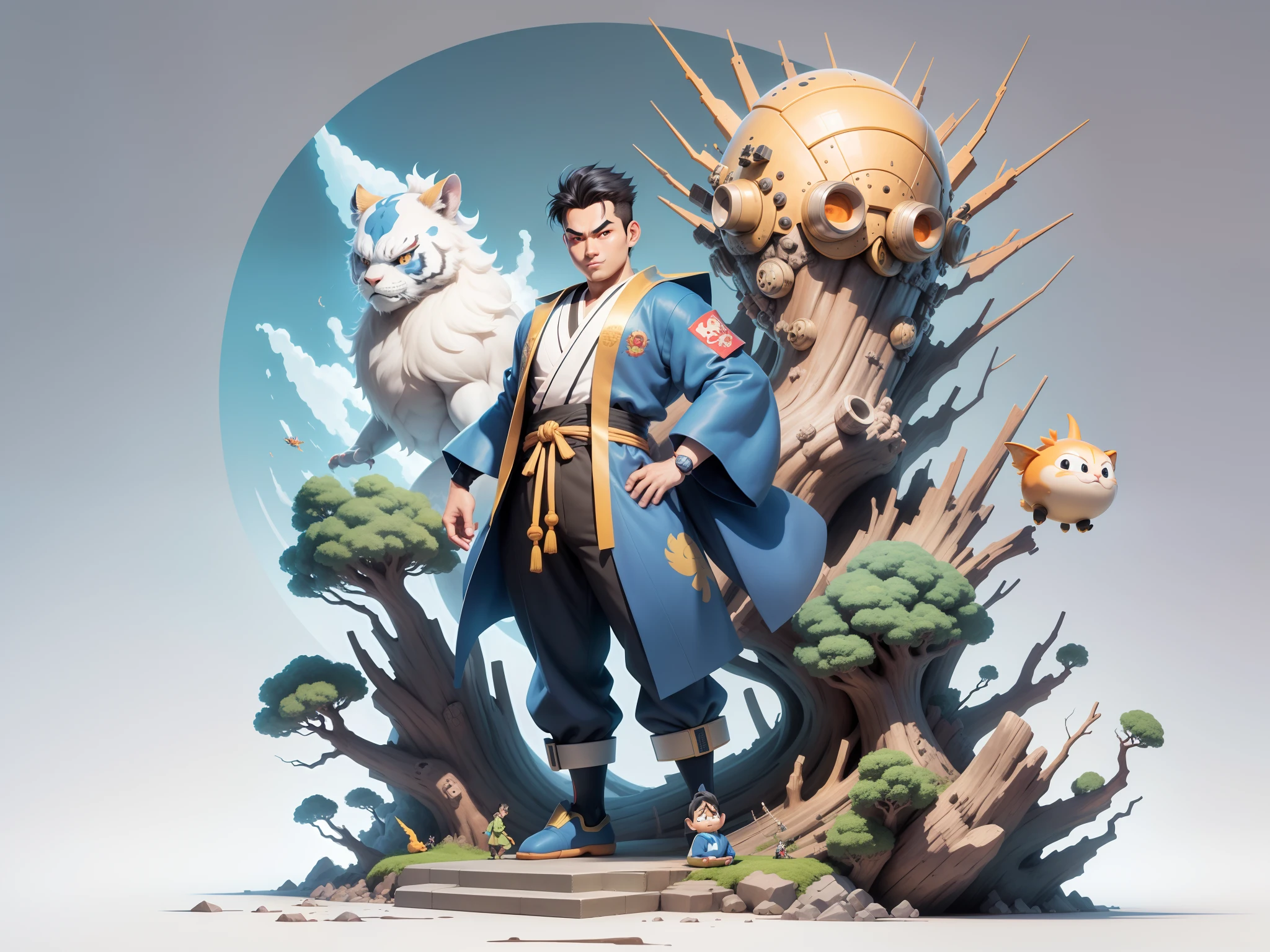 (Masterpiece), (Excellent), (Super Meticulous), (Full Body: 1.2), Super Young Man, Oriental Face, Japanese Kimono, Japanese Wind Thunder God, Dragon, Tiger, TV Anchor, Bust Portrait Illustration, Alone, Black Suit, Blue Tie, Slightly Chubby Face, Very Clean Face, No Beard, Black Super Short Hair, Black Eyes, Confident Smile, 3c Computer Sub-Products, iPad, iPhone, Digital Painting, 3D Character Design by Akira Toriyama and Mark Claireden and Pixar and Hayao Miyazaki, The illustration is a high-definition illustration in 4K resolution with very detailed facial features and cartoon-style visuals.